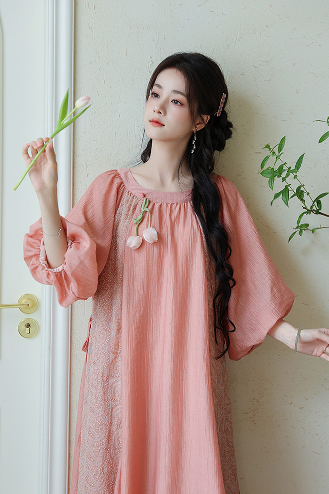 Fairycore Chinese Pink Dress with Puff Sleeves - yimeng 逸梦