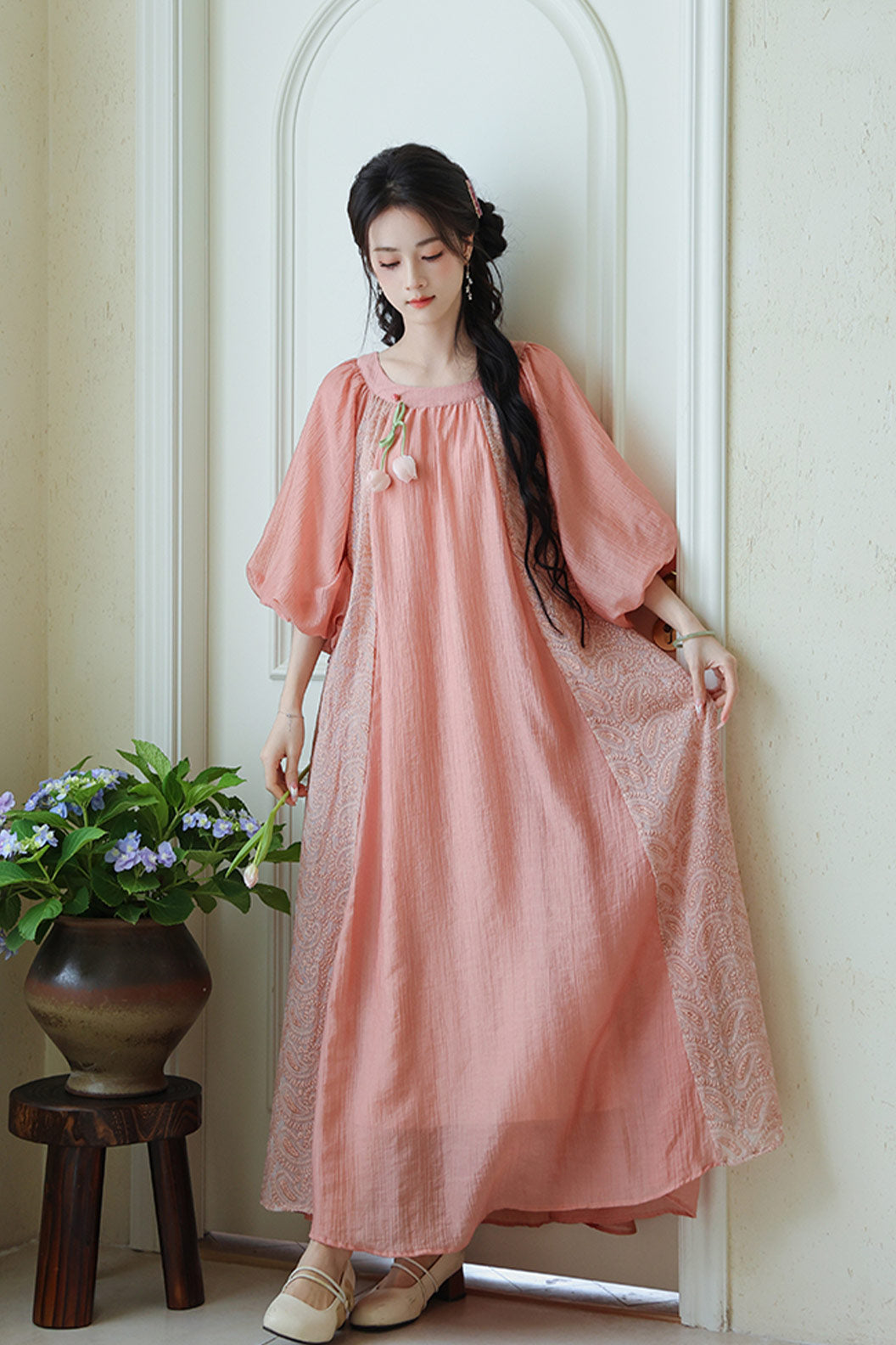 Fairycore Chinese Pink Dress with Puff Sleeves - yimeng 逸梦