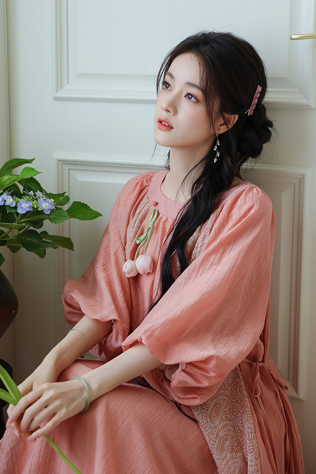 Fairycore Chinese Pink Dress with Puff Sleeves - yimeng 逸梦
