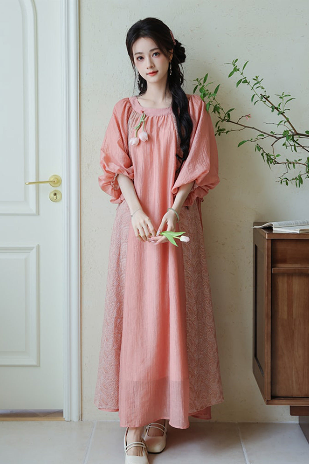 Fairycore Chinese Pink Dress with Puff Sleeves - yimeng 逸梦