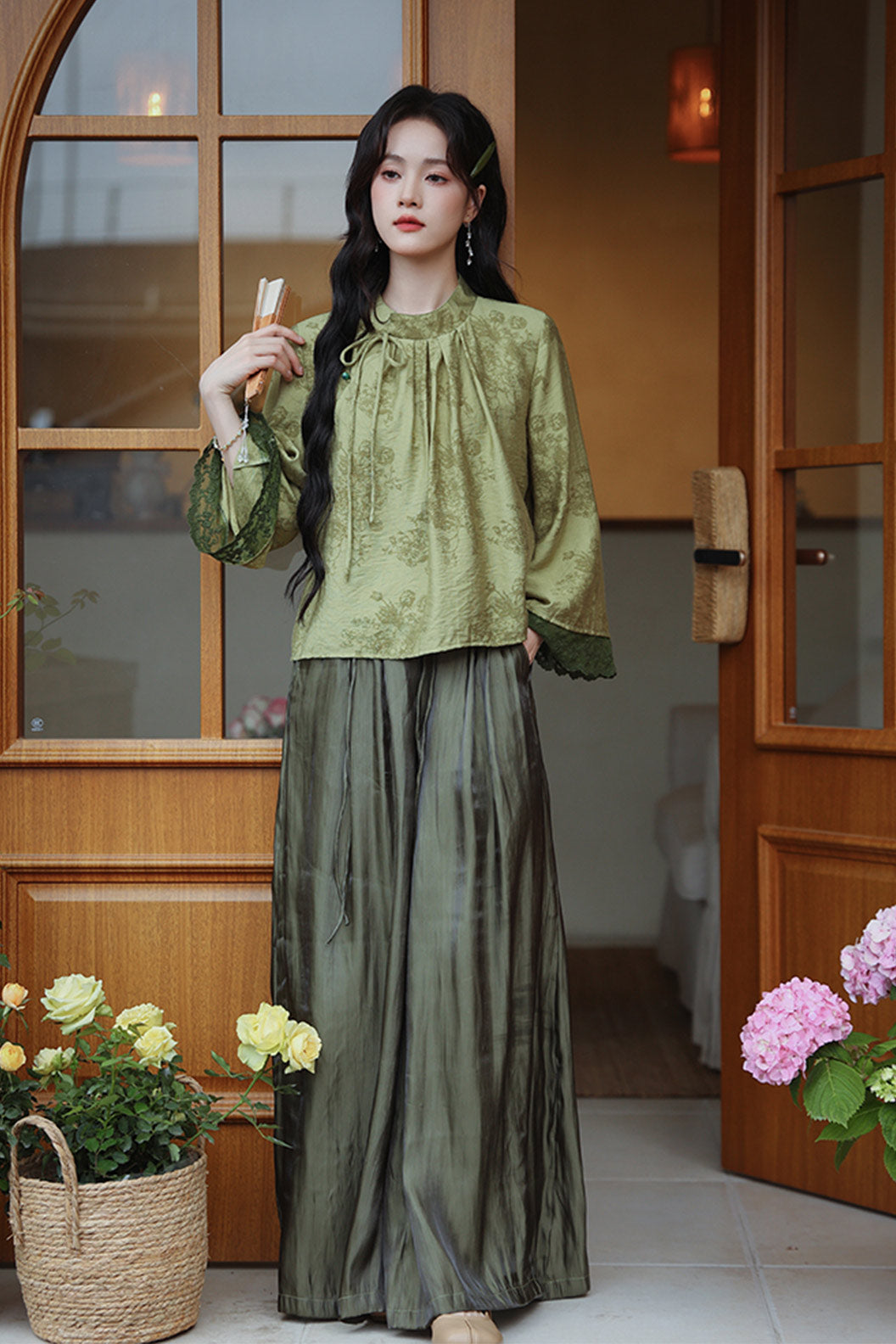 Green Qipao Top and Wide-Leg Pants Set - jiancha 煎茶