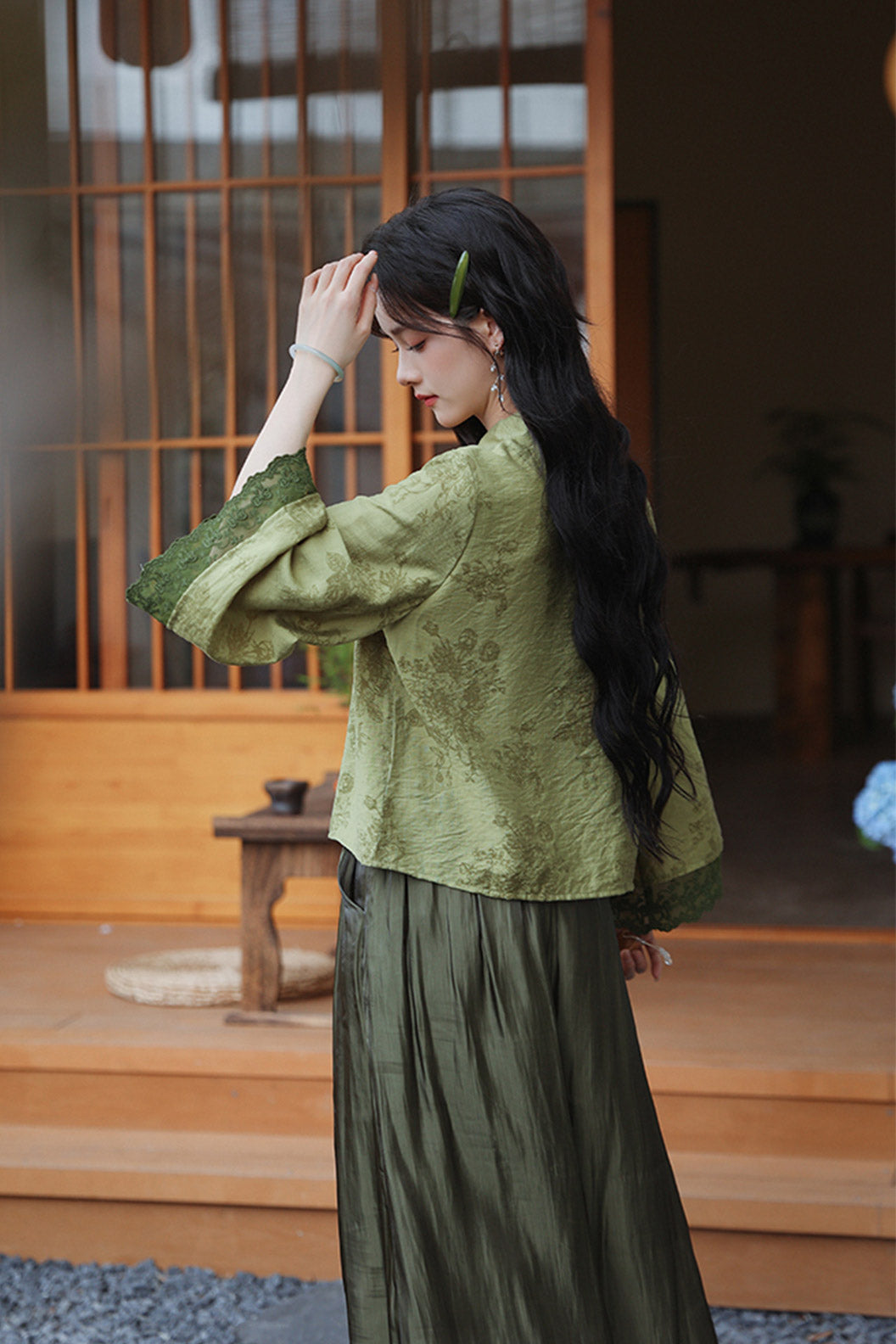 Green Qipao Top and Wide-Leg Pants Set - jiancha 煎茶