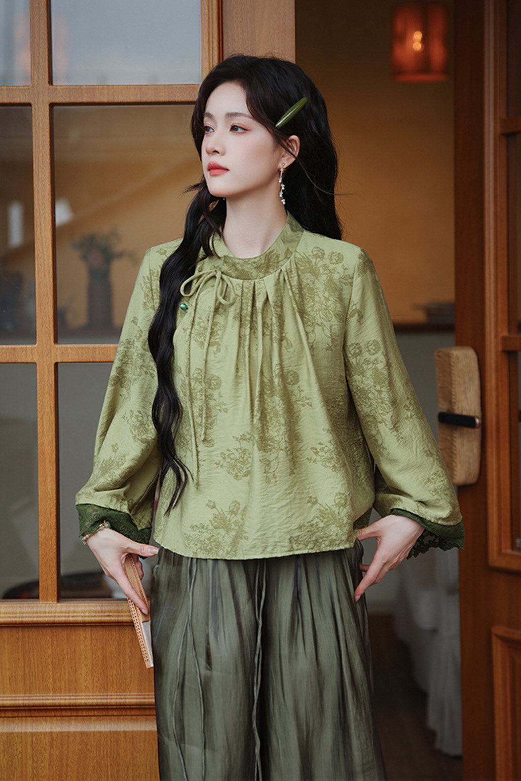 Green Qipao Top and Wide-Leg Pants Set - jiancha 煎茶