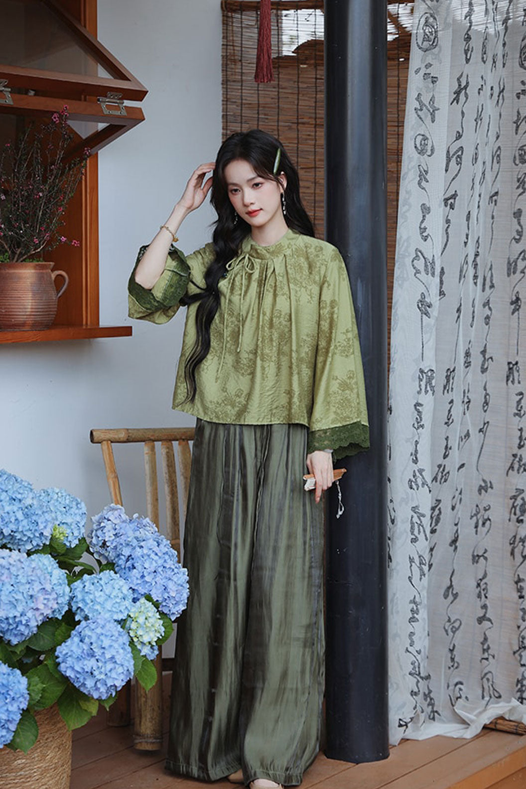 Green Qipao Top and Wide-Leg Pants Set - jiancha 煎茶