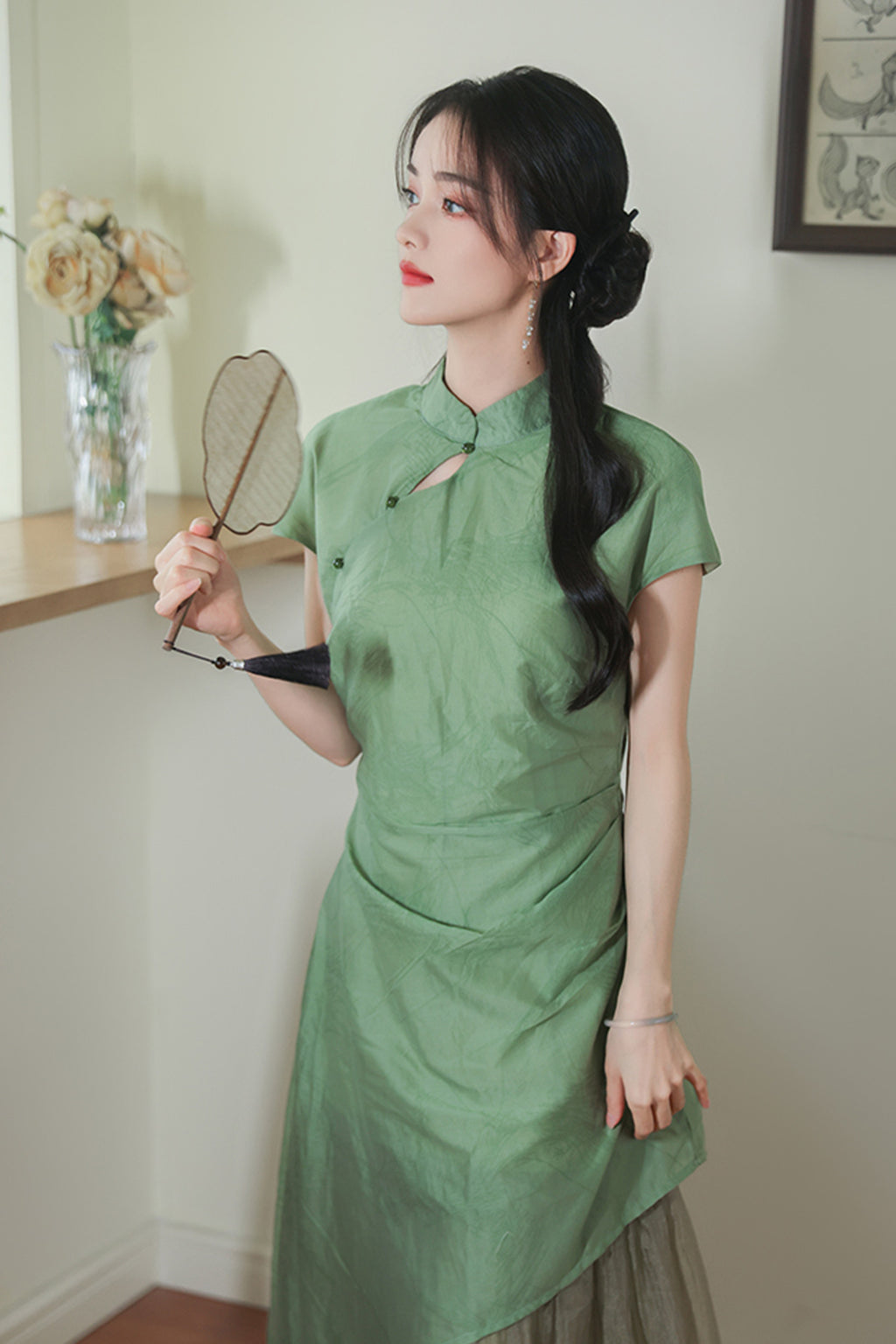 Green Summer Long Dress Daily Wear Qipao - zhenqingmen 枕清梦