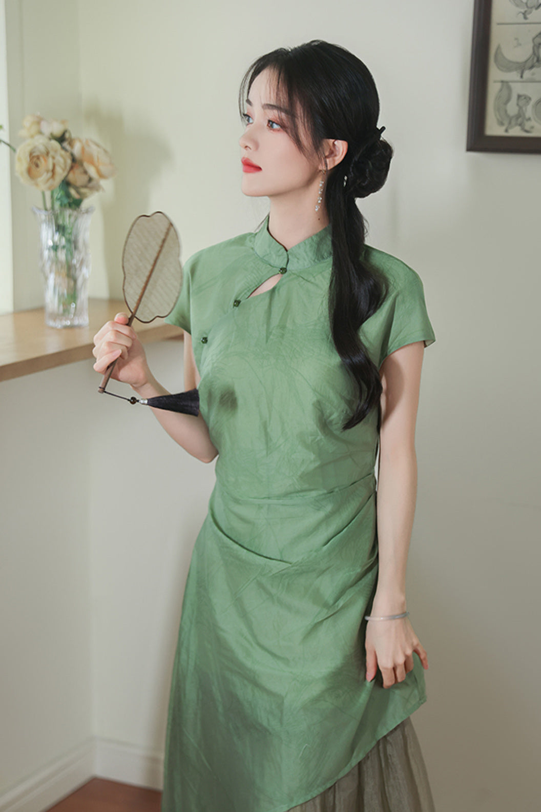 Green Summer Long Dress Daily Wear Qipao - zhenqingmen 枕清梦