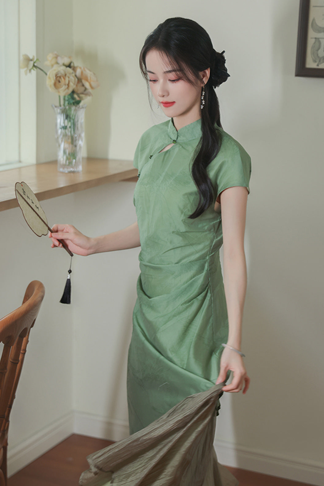Green Summer Long Dress Daily Wear Qipao - zhenqingmen 枕清梦