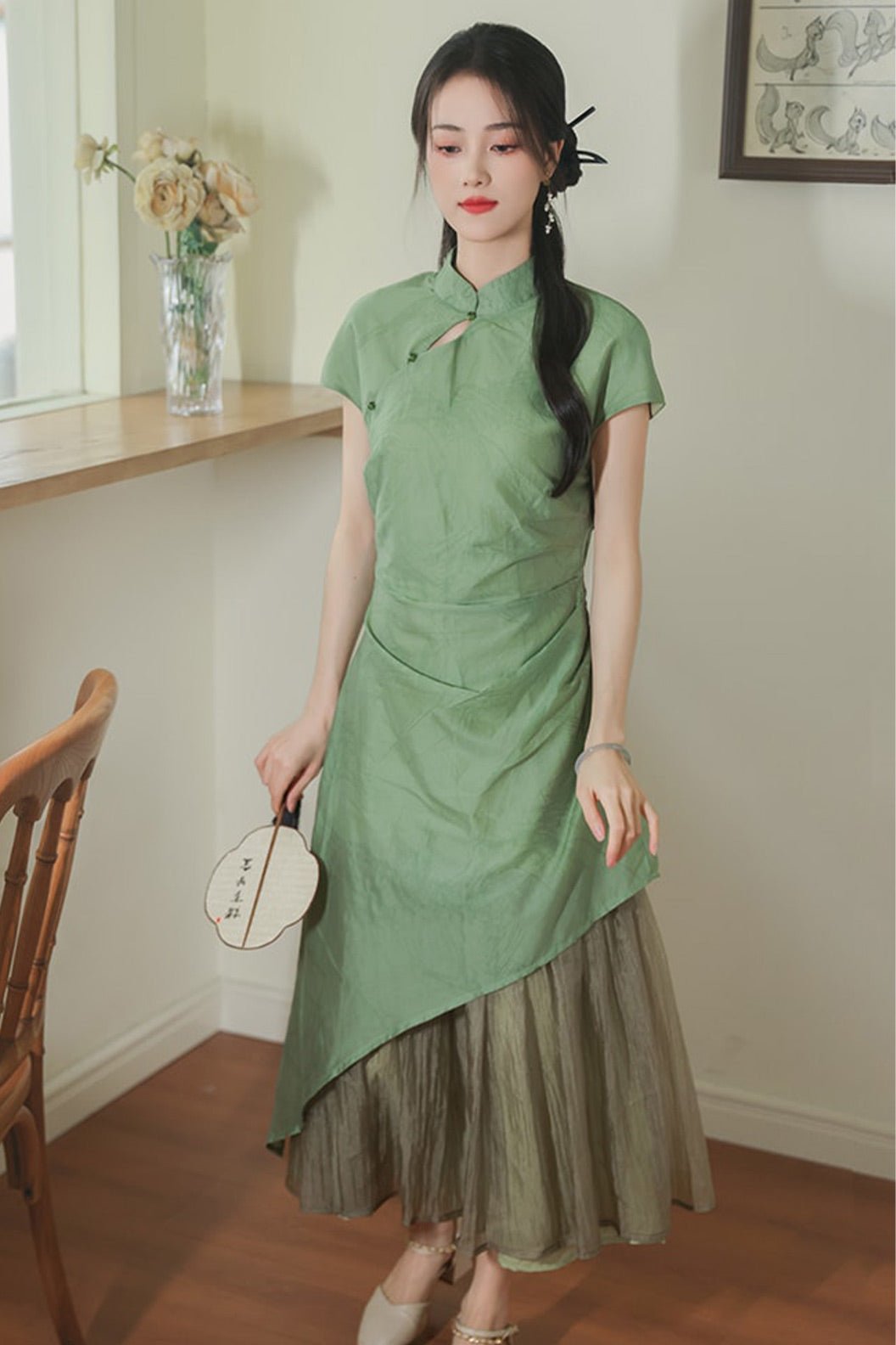 Green Summer Long Dress Daily Wear Qipao - zhenqingmen 枕清梦