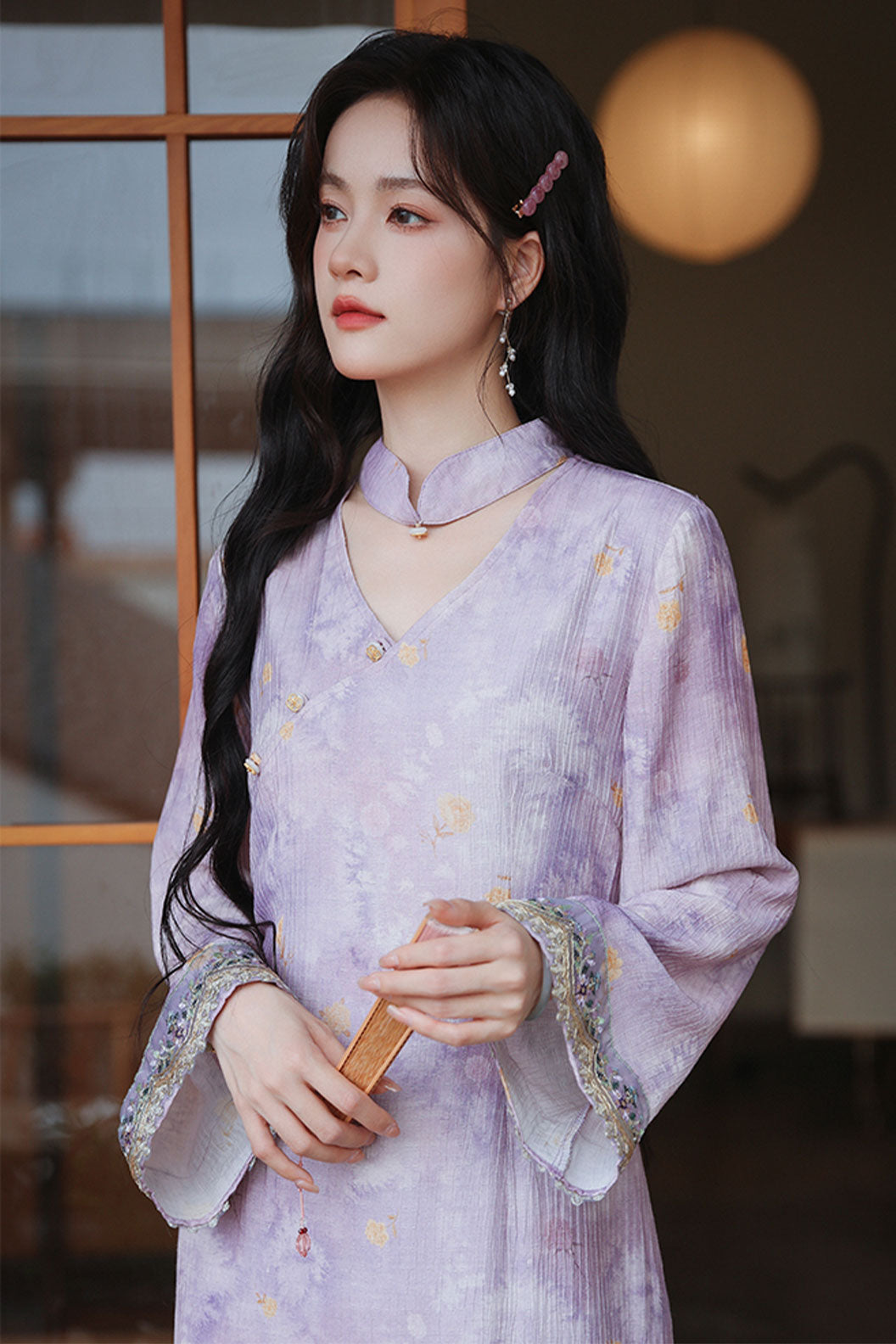 Mandarin Collar Cheongsam Lavender Floral Purple Dress - hefengyinxia 荷风引夏