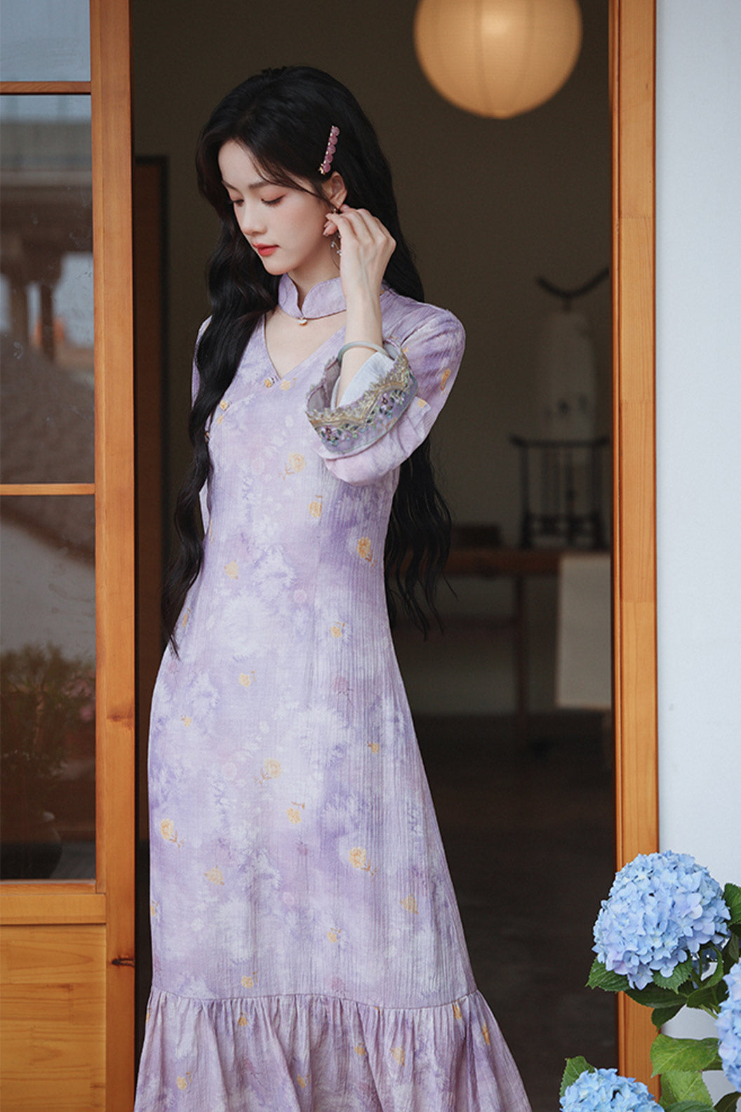Mandarin Collar Cheongsam Lavender Floral Purple Dress - hefengyinxia 荷风引夏