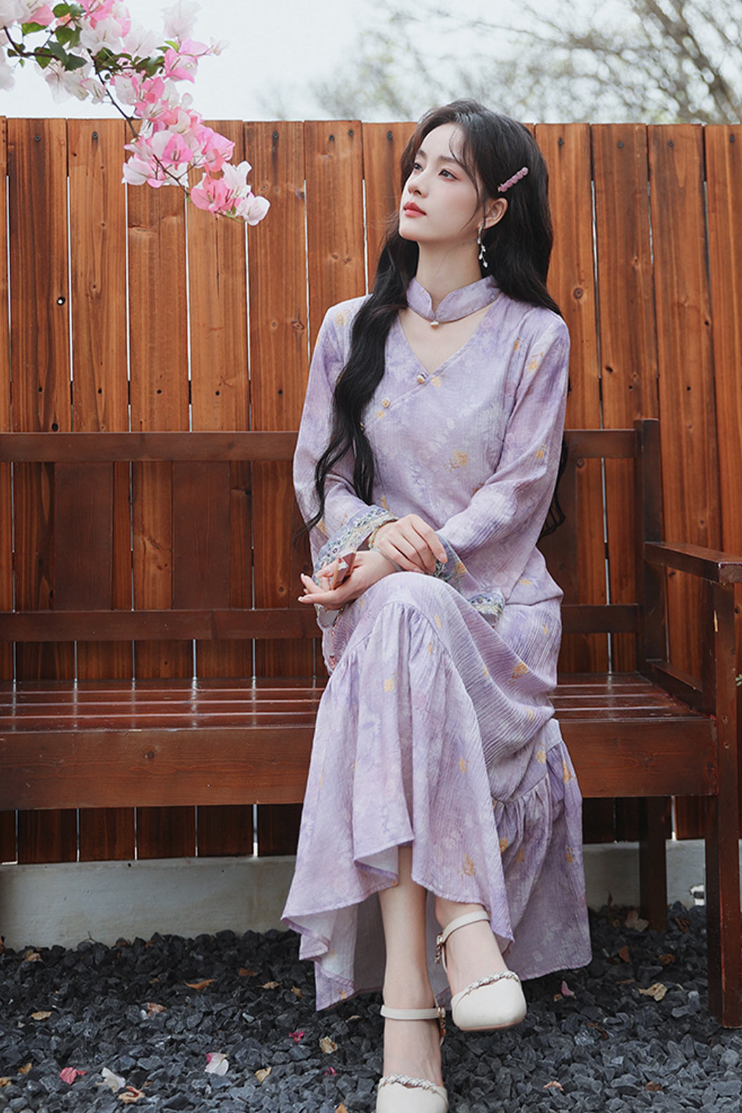 Mandarin Collar Cheongsam Lavender Floral Purple Dress - hefengyinxia 荷风引夏