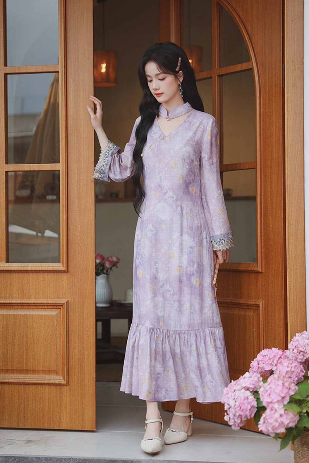 Mandarin Collar Cheongsam Lavender Floral Purple Dress - hefengyinxia 荷风引夏