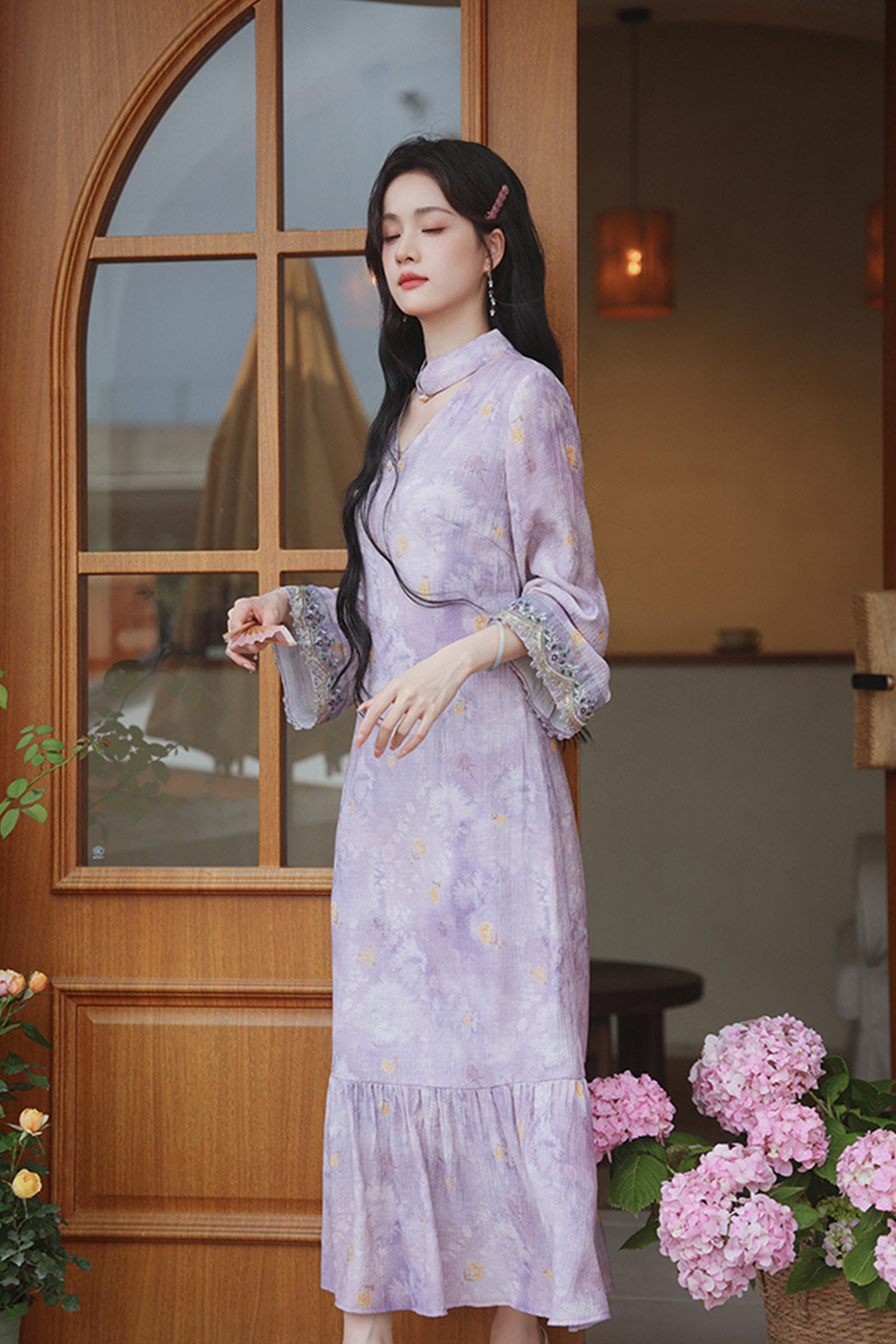 Mandarin Collar Cheongsam Lavender Floral Purple Dress - hefengyinxia 荷风引夏