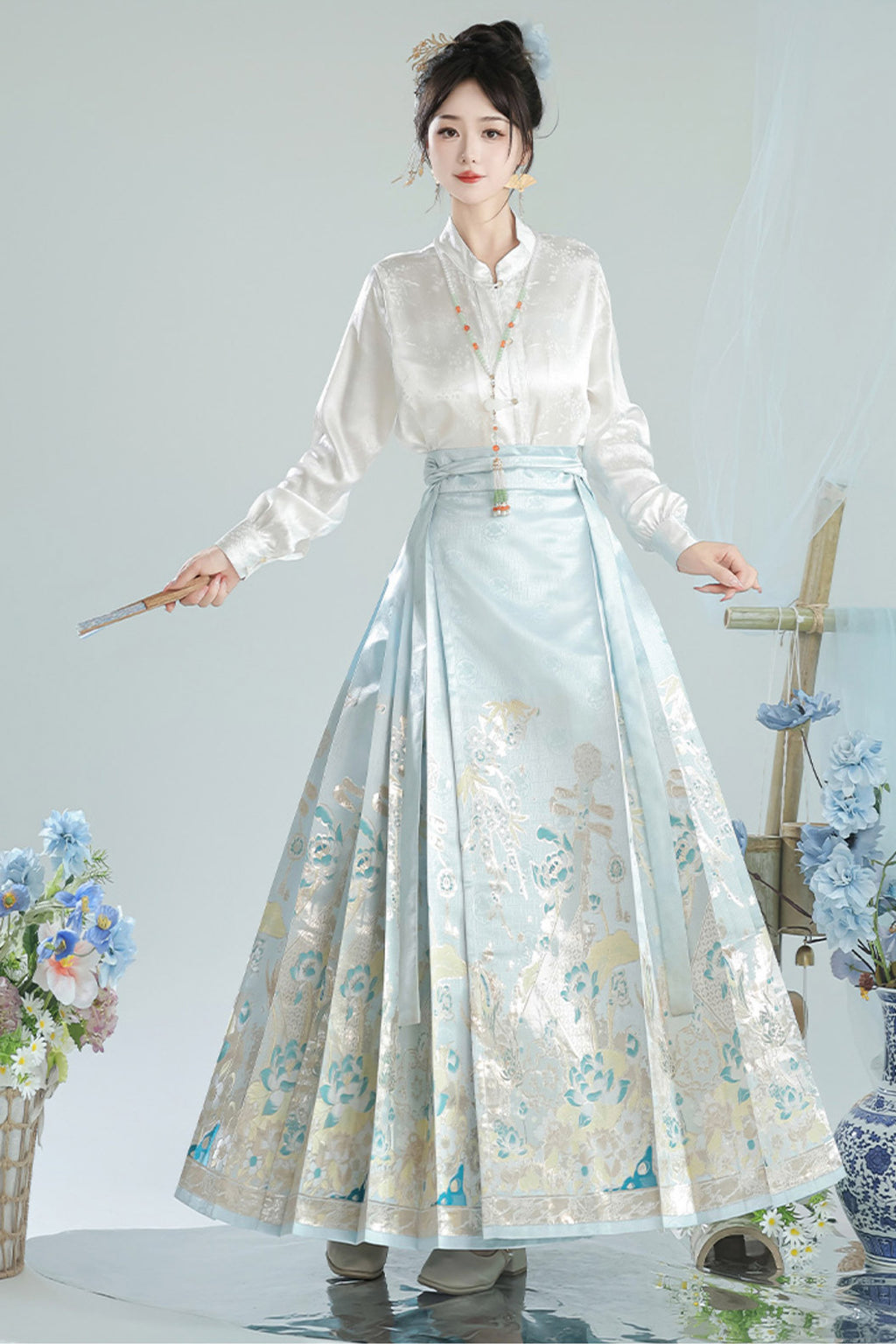 Ming Dynasty Green Hanfu Dress Ma Mian Skirt New Chinese Style - heying 荷影