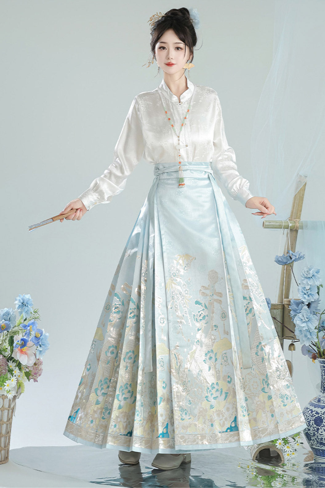 Ming Dynasty Green Hanfu Dress Ma Mian Skirt New Chinese Style - heying 荷影