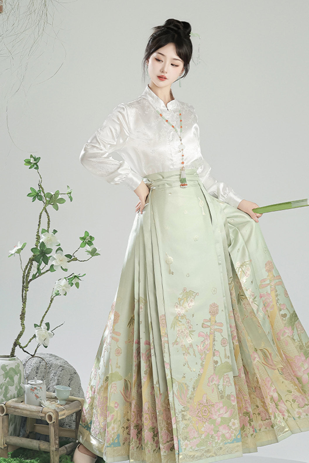 Ming Dynasty Green Hanfu Dress Ma Mian Skirt New Chinese Style - heying 荷影