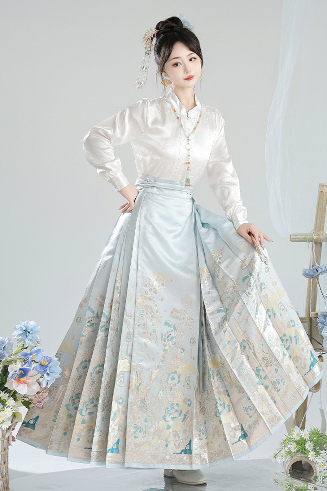 Ming Dynasty Green Hanfu Dress Ma Mian Skirt New Chinese Style - heying 荷影