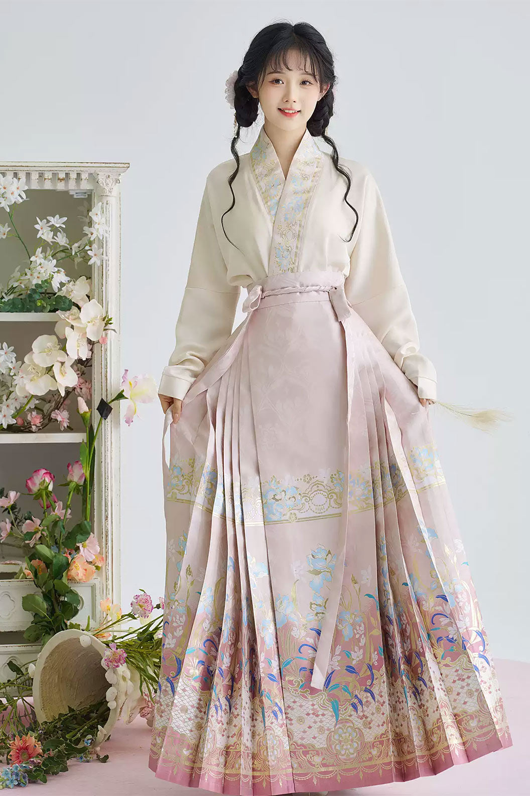 Ming Dynasty Hanfu clothing Ma Mian Skirt Brocade Imitation Makeup Pink Hanfu dress - yuanwei 鸢尾