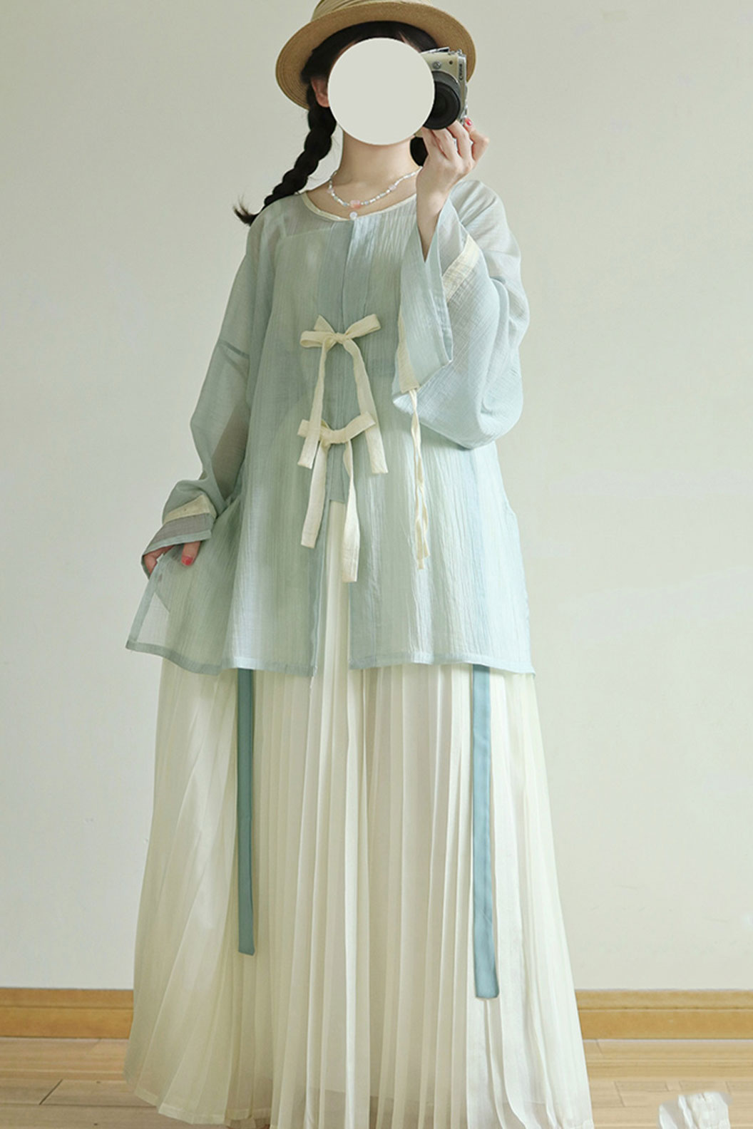 Ming Dynasty Multicolor Hanfu Dress with Tencel Round Collar Shirt and Open-Front Jacket - tianxin 甜心