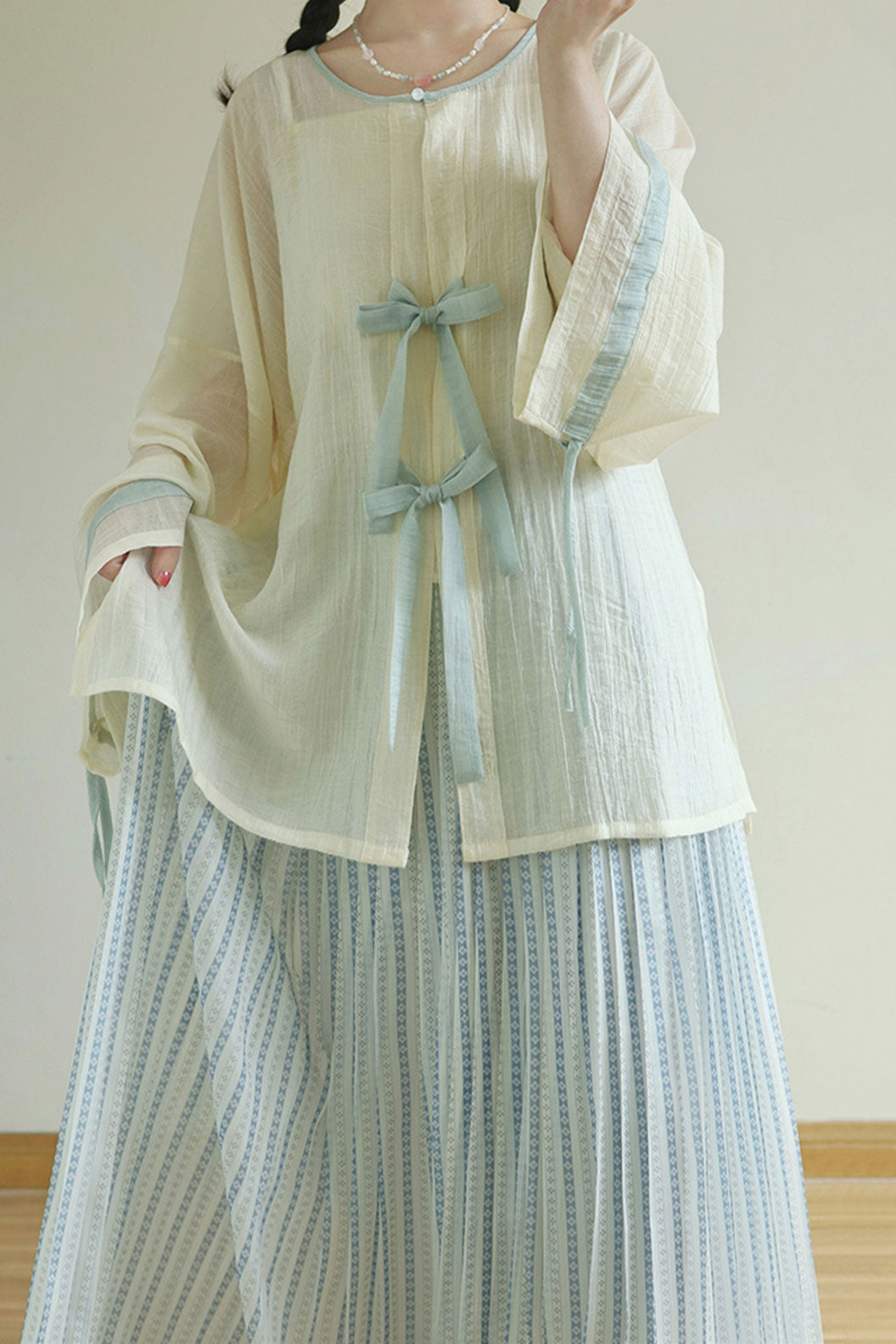 Ming Dynasty Multicolor Hanfu Dress with Tencel Round Collar Shirt and Open-Front Jacket - tianxin 甜心