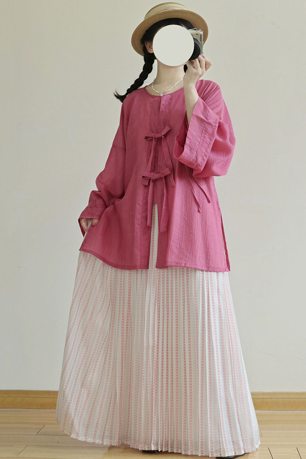 Ming Dynasty Multicolor Hanfu Dress with Tencel Round Collar Shirt and Open-Front Jacket - tianxin 甜心