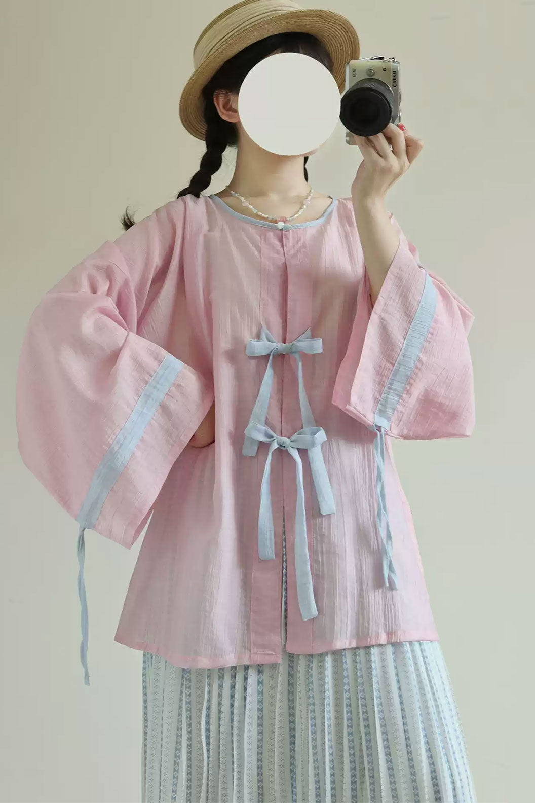 Ming Dynasty Multicolor Hanfu Dress with Tencel Round Collar Shirt and Open-Front Jacket - tianxin 甜心
