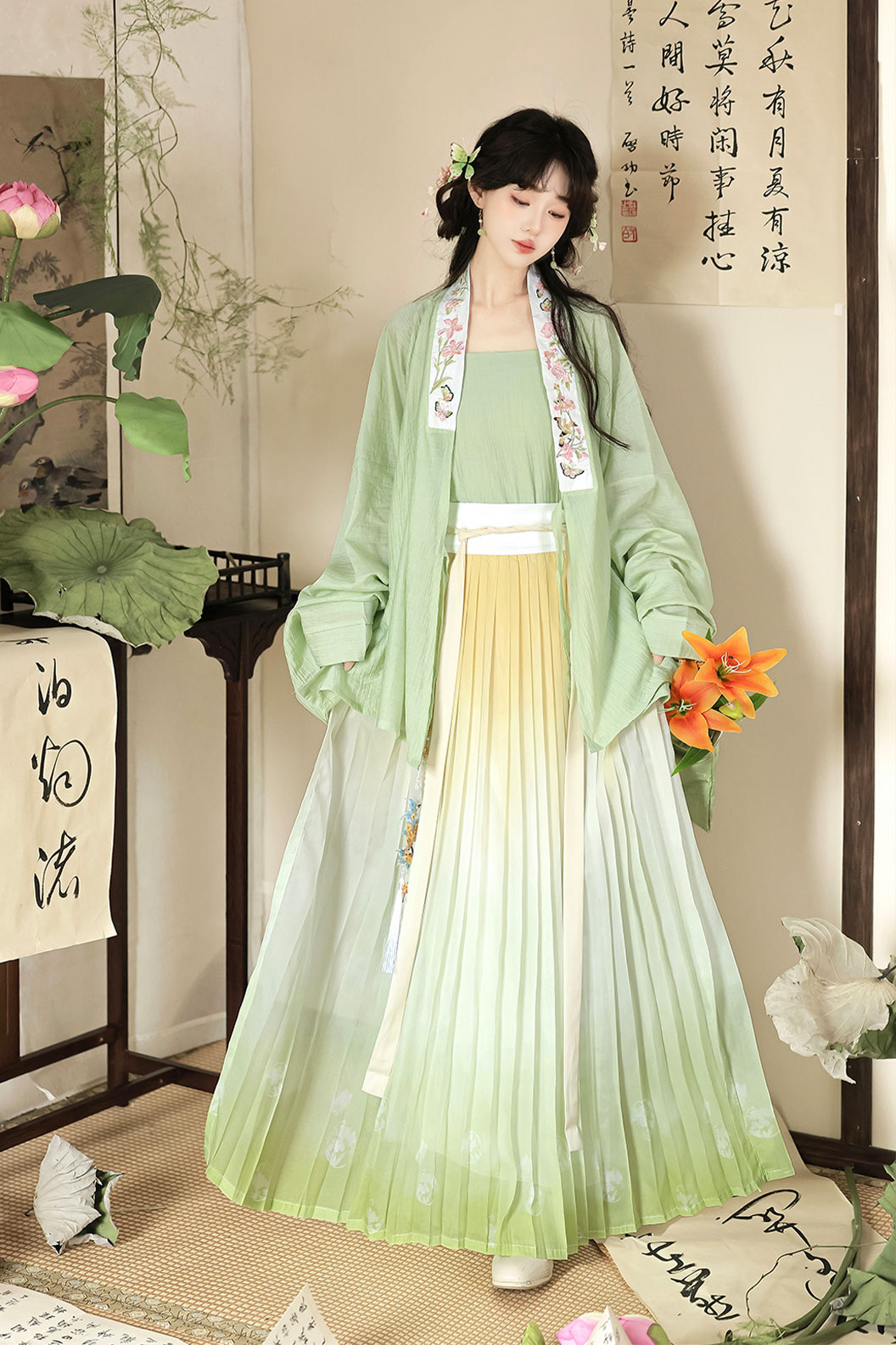 Ming Dynasty Pink Hanfu Dress Embroidery One Piece Pleated Skirt - huayan 花宴