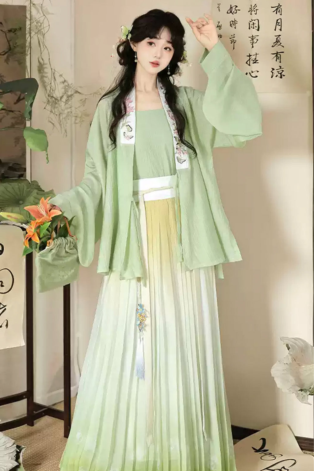 Ming Dynasty Pink Hanfu Dress Embroidery One Piece Pleated Skirt - huayan 花宴