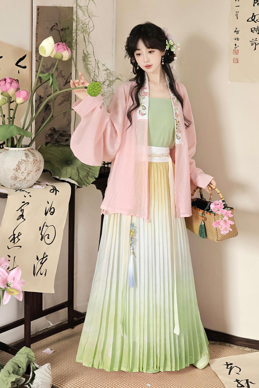 Ming Dynasty Pink Hanfu Dress Embroidery One Piece Pleated Skirt - huayan 花宴