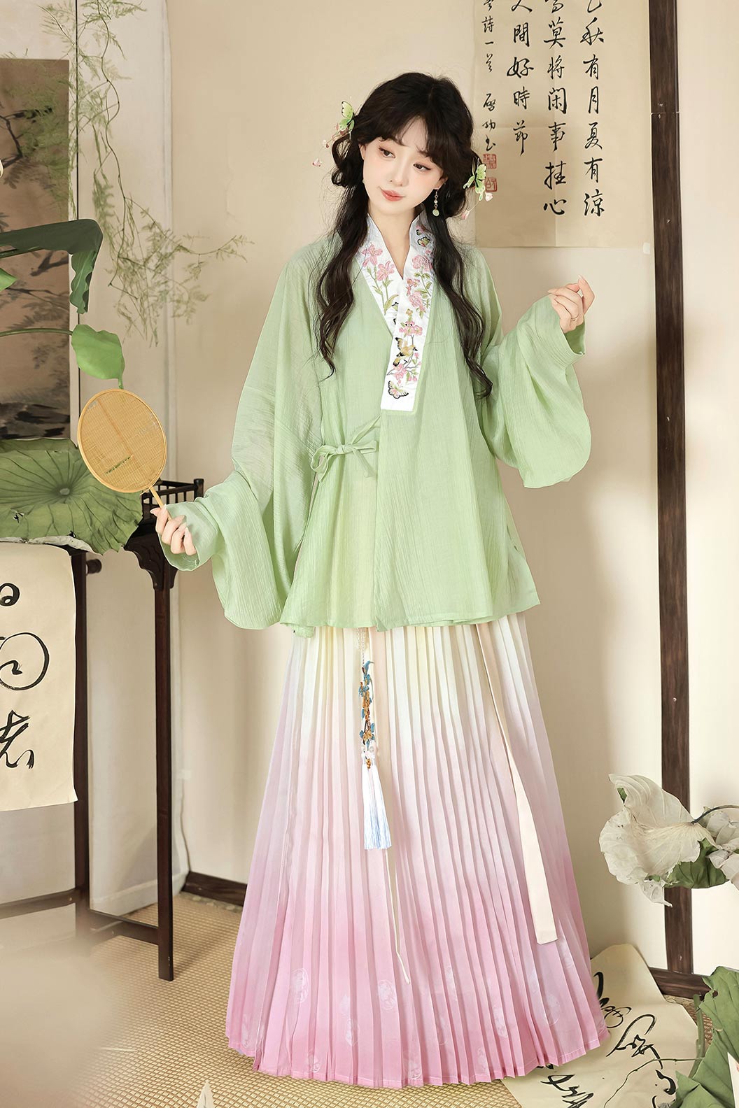 Ming Dynasty Pink Hanfu Dress Embroidery One Piece Pleated Skirt - huayan 花宴