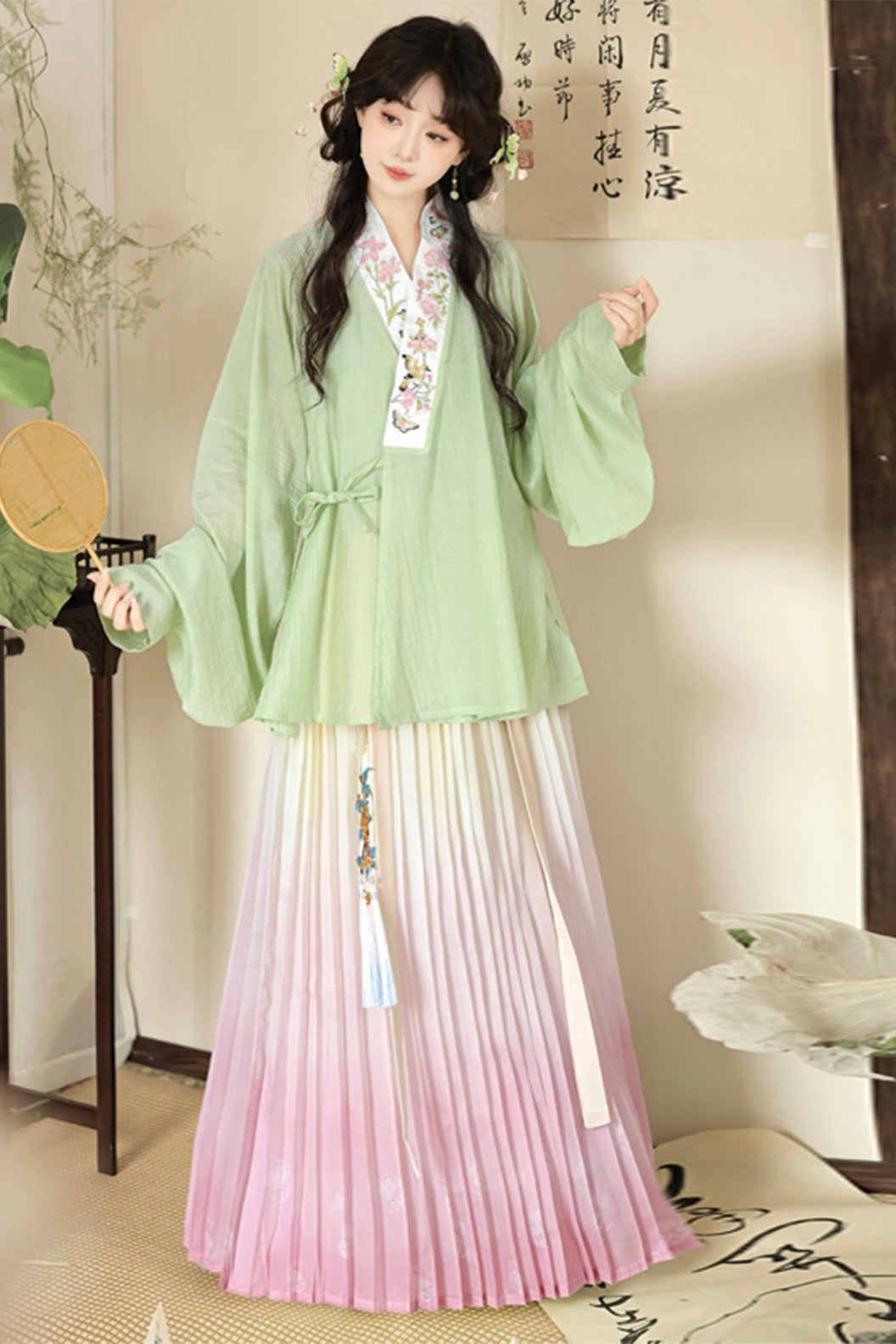 Ming Dynasty Pink Hanfu Dress Embroidery One Piece Pleated Skirt - huayan 花宴
