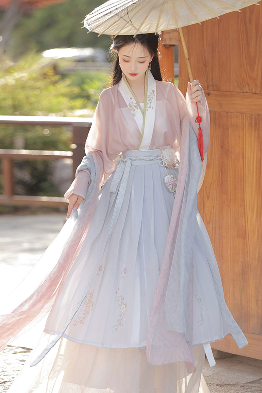 Ming Dynasty Pink Hanfu Dress Qi Yao Ruqun Skirt with Chinese Style and Tea Picking Era - caicha 采茶