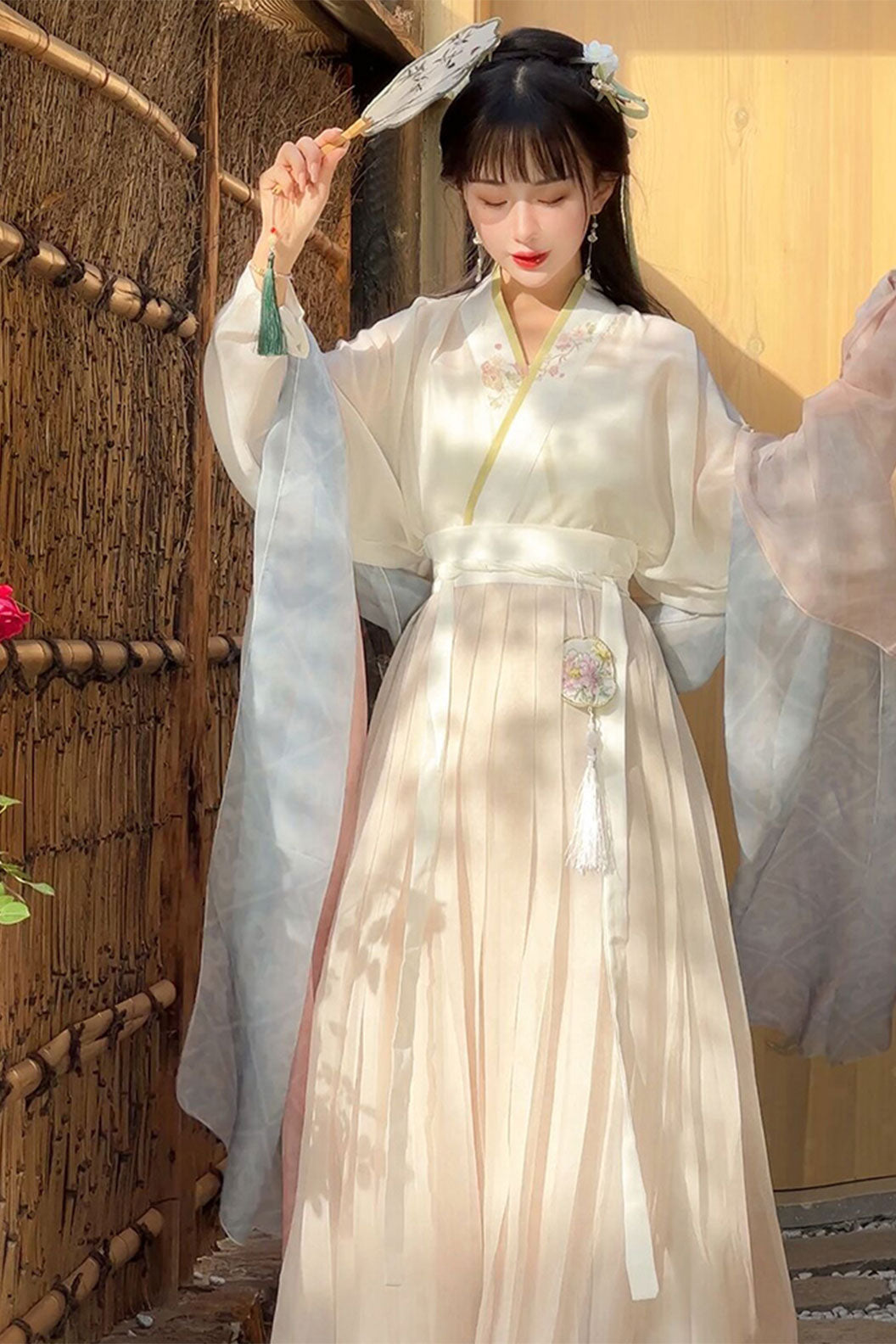 Ming Dynasty Pink Hanfu Dress Qi Yao Ruqun Skirt with Chinese Style and Tea Picking Era - caicha 采茶