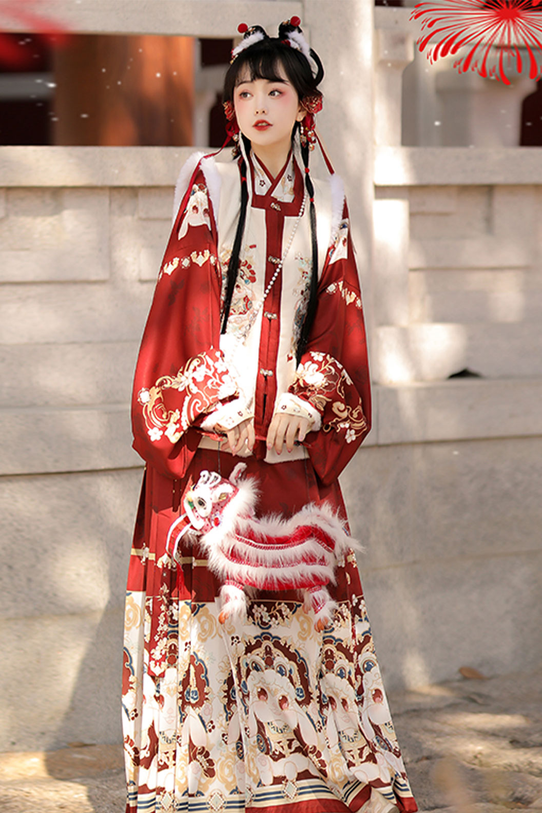 Ming Dynasty Red Hanfu Dress Square Neck Embroidery Bijia Ma Mian Skirt - futujiujiu 福兔啾啾
