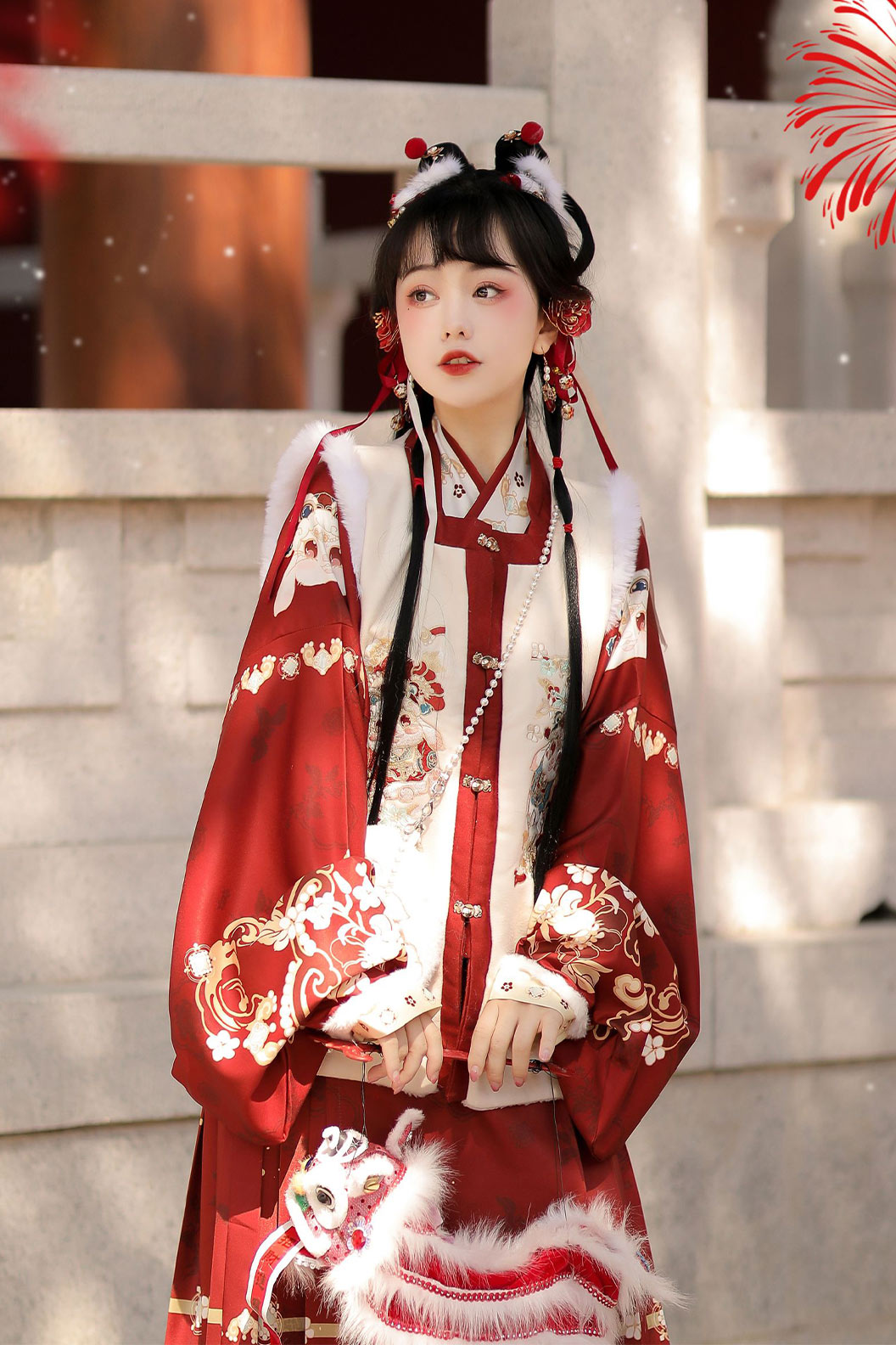Ming Dynasty Red Hanfu Dress Square Neck Embroidery Bijia Ma Mian Skirt - futujiujiu 福兔啾啾