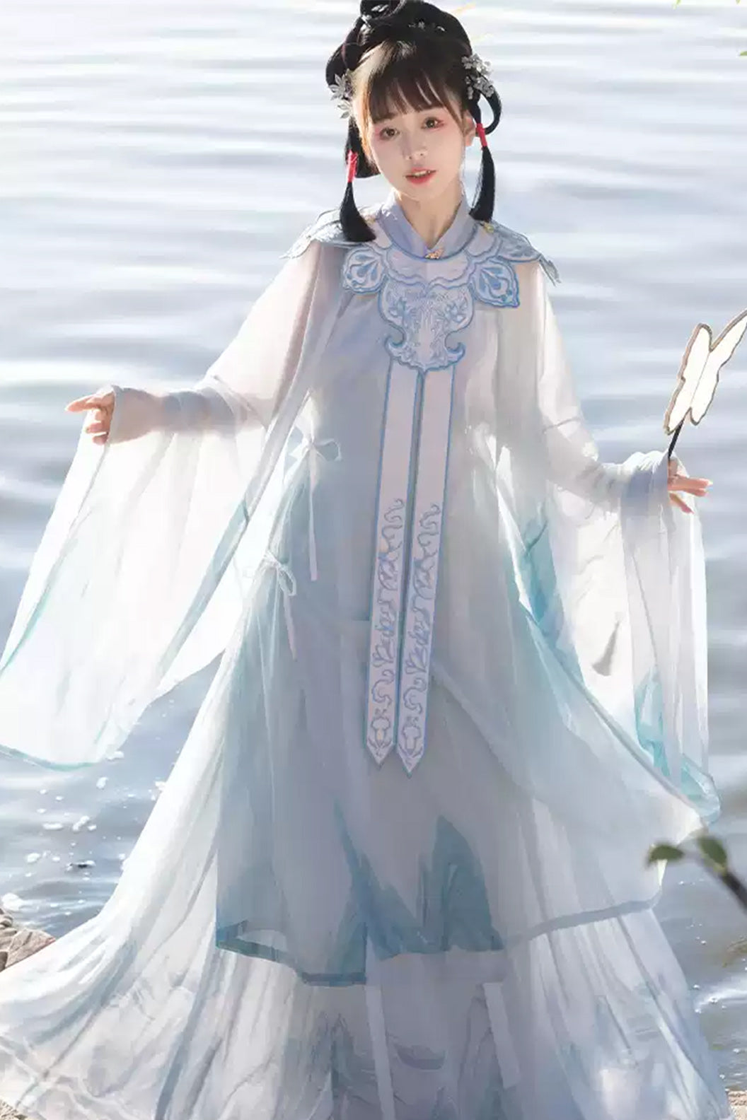 Ming Dynasty Stand Collar Long Robe Chinese Style Blue Hanfu Dress - siying 司音