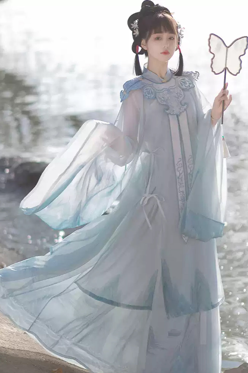 Ming Dynasty Stand Collar Long Robe Chinese Style Blue Hanfu Dress - siying 司音
