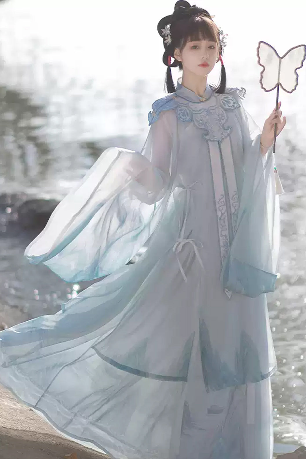 Ming Dynasty Stand Collar Long Robe Chinese Style Blue Hanfu Dress - siying 司音