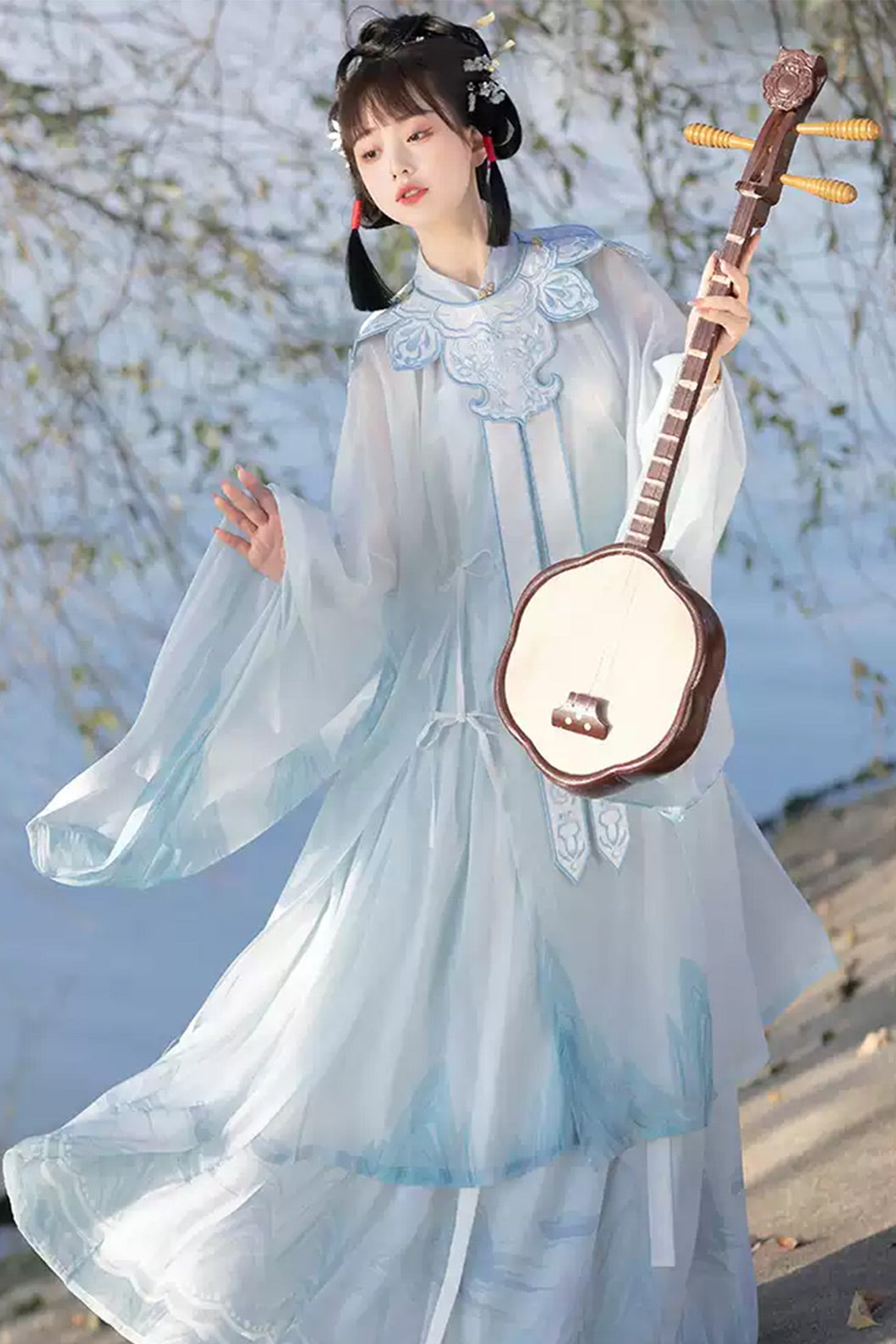 Ming Dynasty Stand Collar Long Robe Chinese Style Blue Hanfu Dress - siying 司音