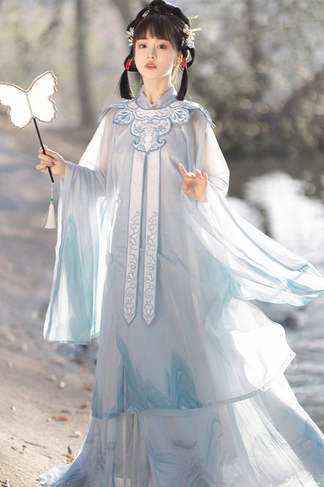 Ming Dynasty Stand Collar Long Robe Chinese Style Blue Hanfu Dress - siying 司音