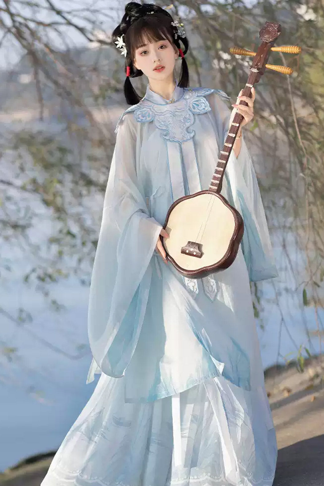Ming Dynasty Stand Collar Long Robe Chinese Style Blue Hanfu Dress - siying 司音