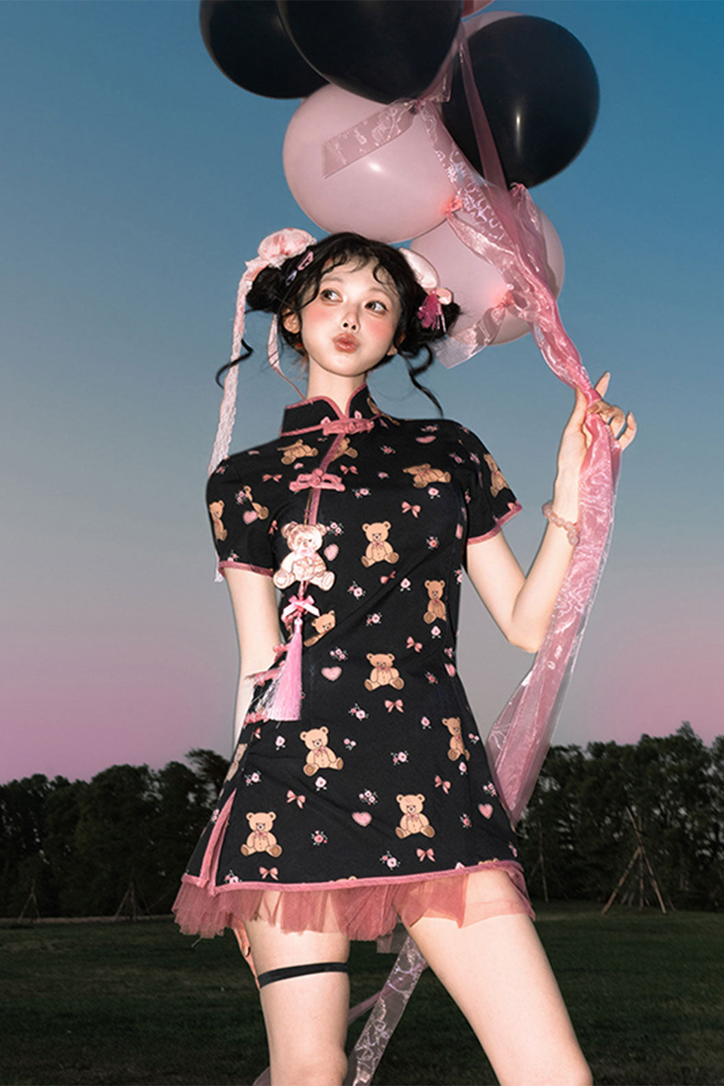 Modern Hanfu Black mandarin dress Cute Chinese Style Dress for Daily Wear - xiaoxiongpaidui 小熊派对 (Preorder)