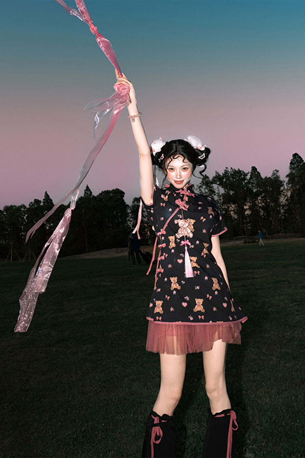 Modern Hanfu Black mandarin dress Cute Chinese Style Dress for Daily Wear - xiaoxiongpaidui 小熊派对 (Preorder)