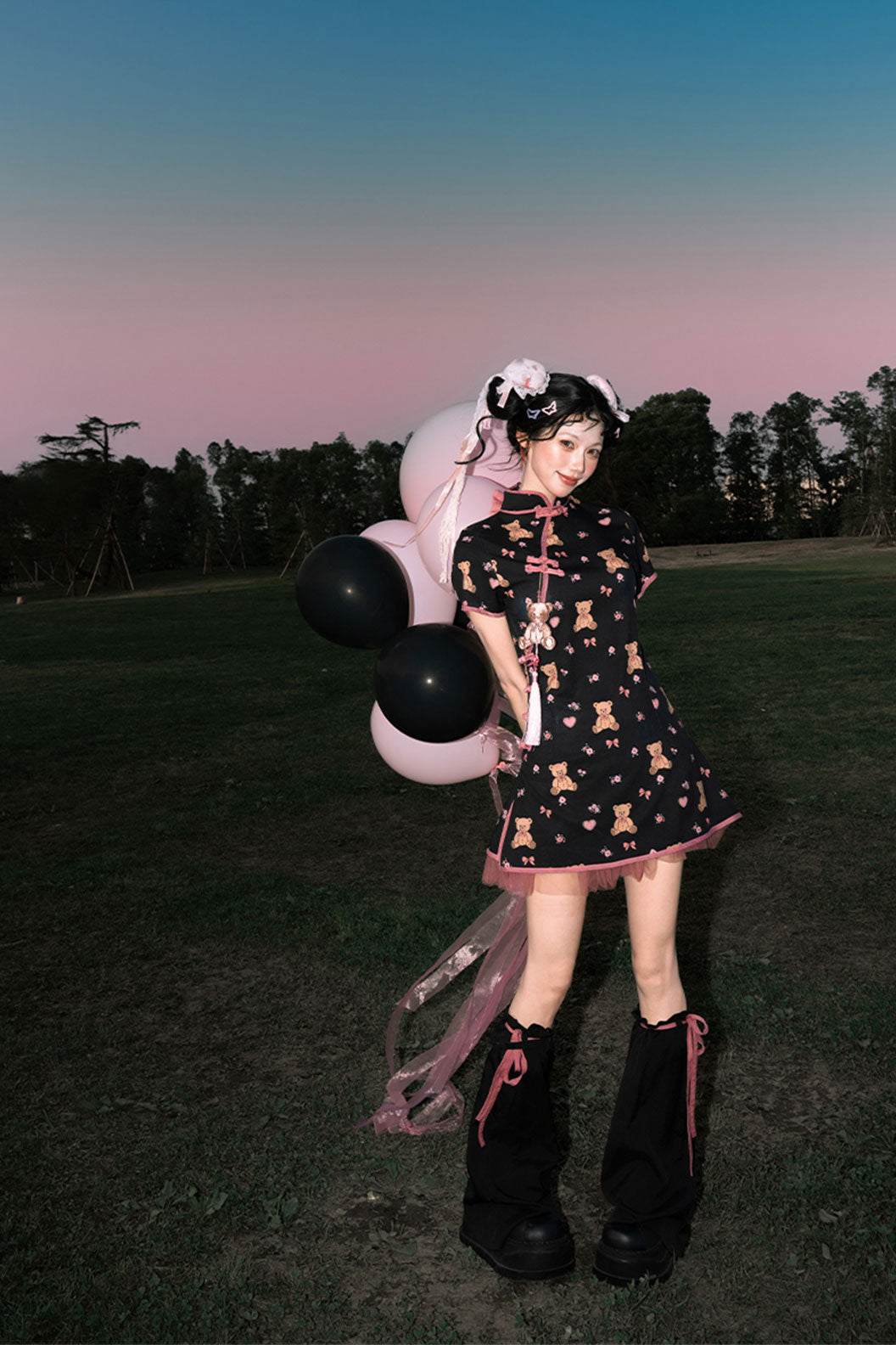 Modern Hanfu Black mandarin dress Cute Chinese Style Dress for Daily Wear - xiaoxiongpaidui 小熊派对 (Preorder)