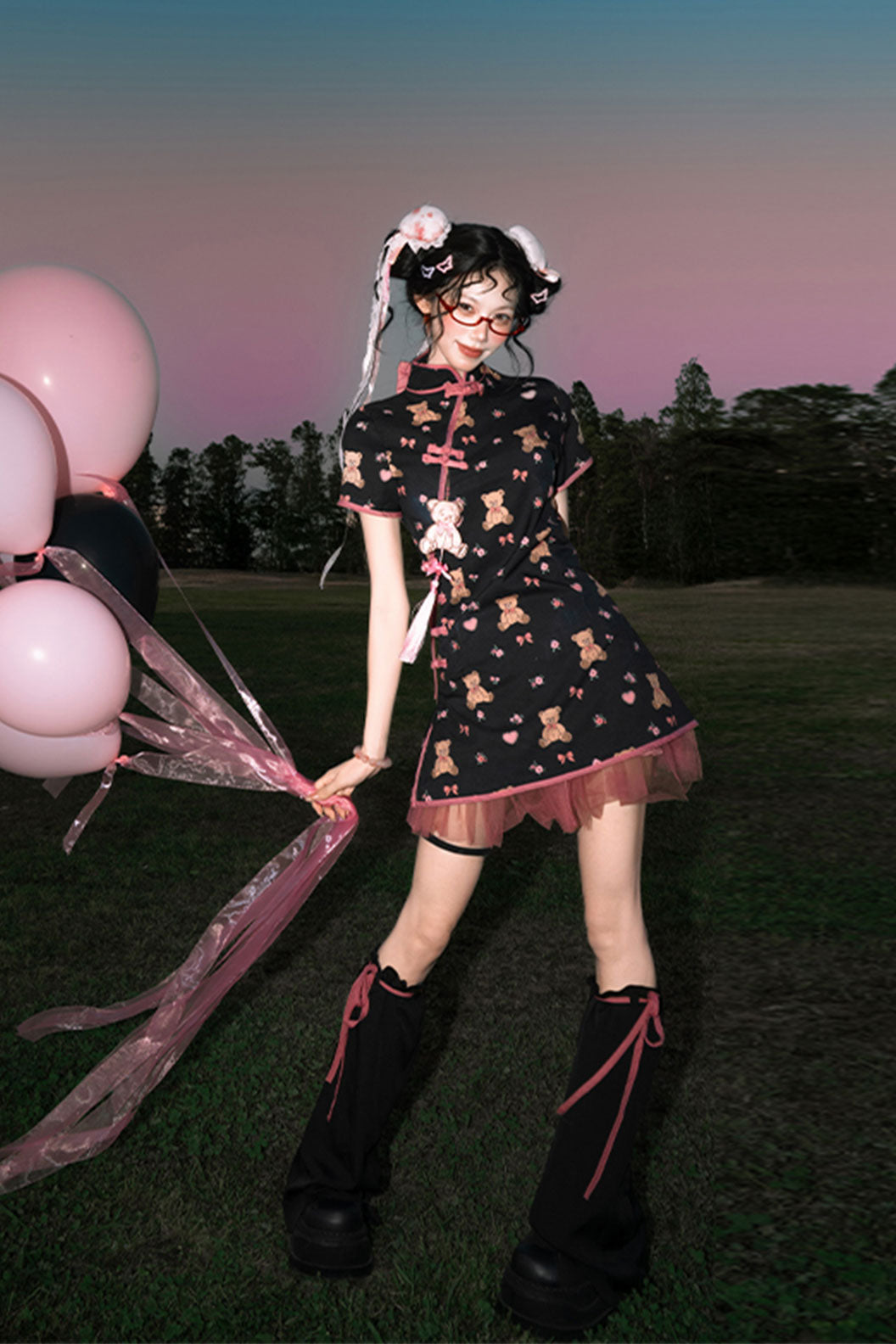 Modern Hanfu Black mandarin dress Cute Chinese Style Dress for Daily Wear - xiaoxiongpaidui 小熊派对 (Preorder)