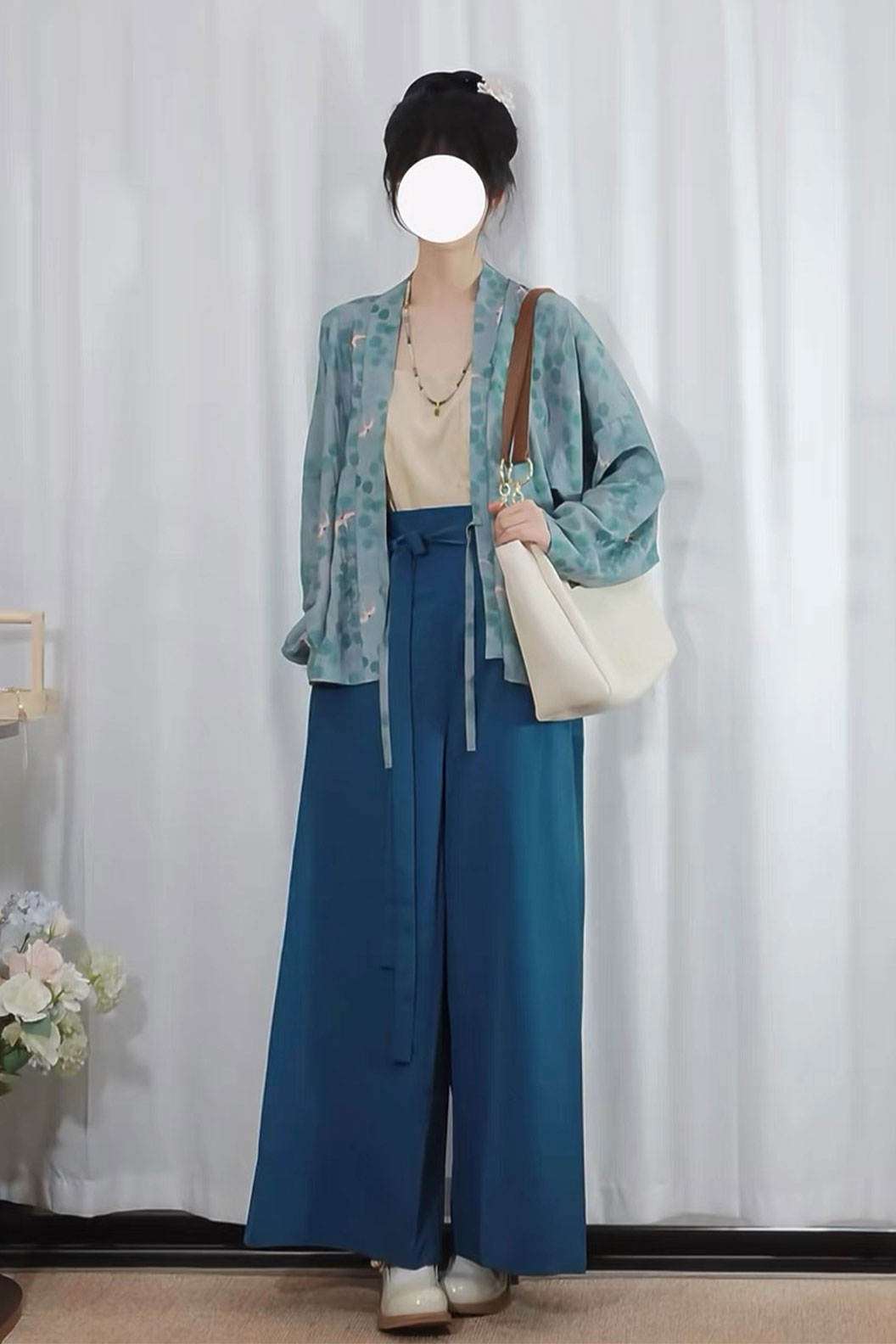 Modern Hanfu Blue with 3-Piece Set and Wide-Legged Pants - fuyuan 浮鸢