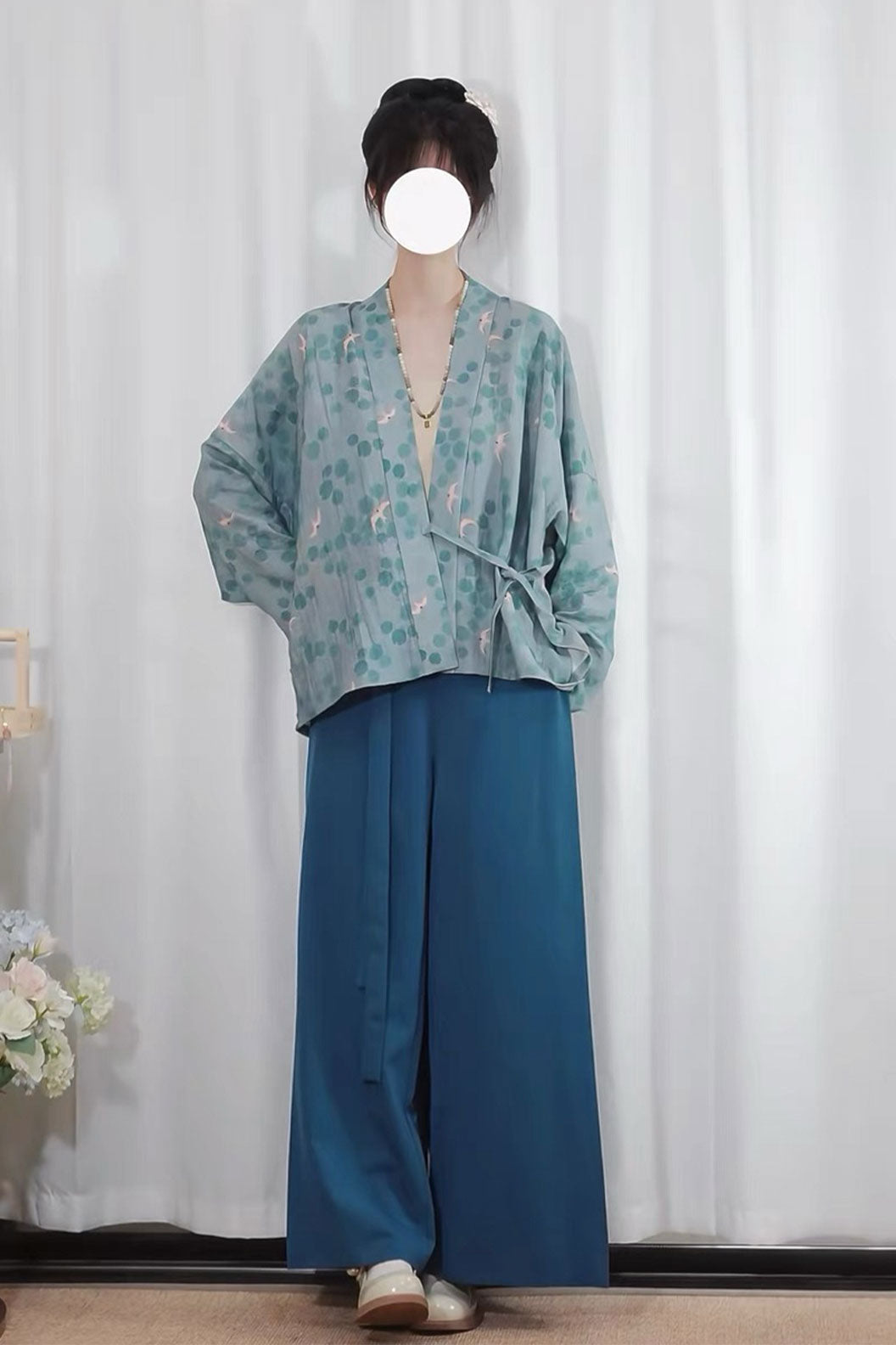Modern Hanfu Blue with 3-Piece Set and Wide-Legged Pants - fuyuan 浮鸢