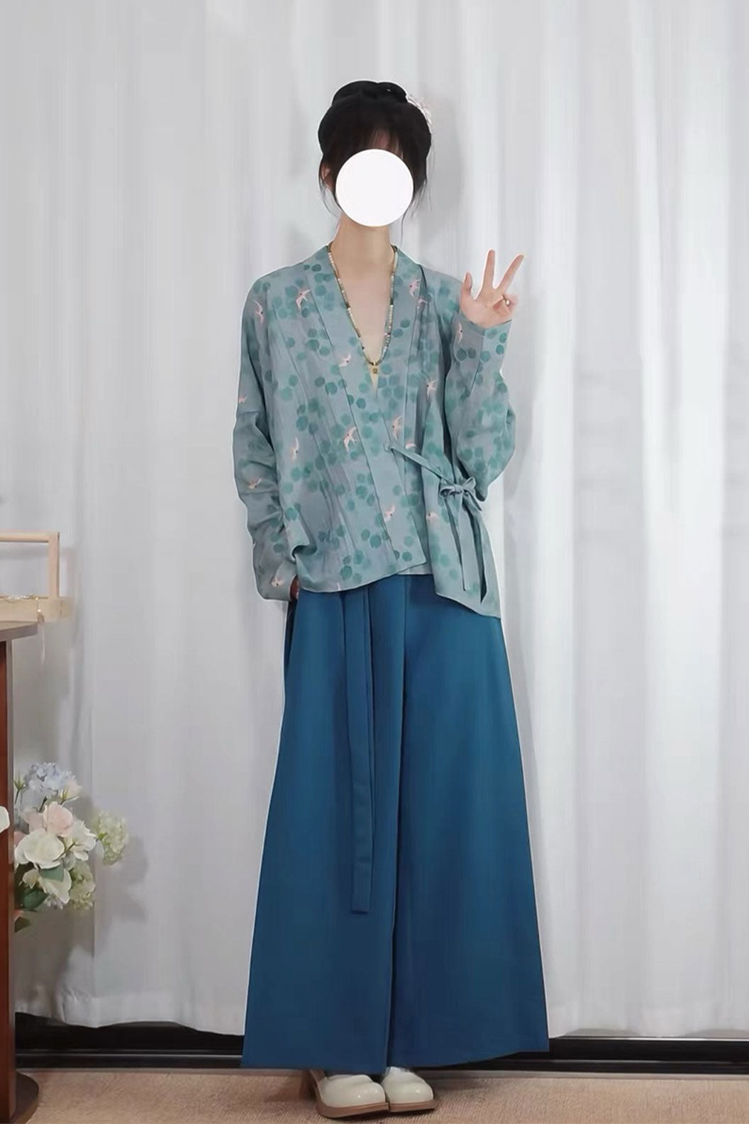 Modern Hanfu Blue with 3-Piece Set and Wide-Legged Pants - fuyuan 浮鸢