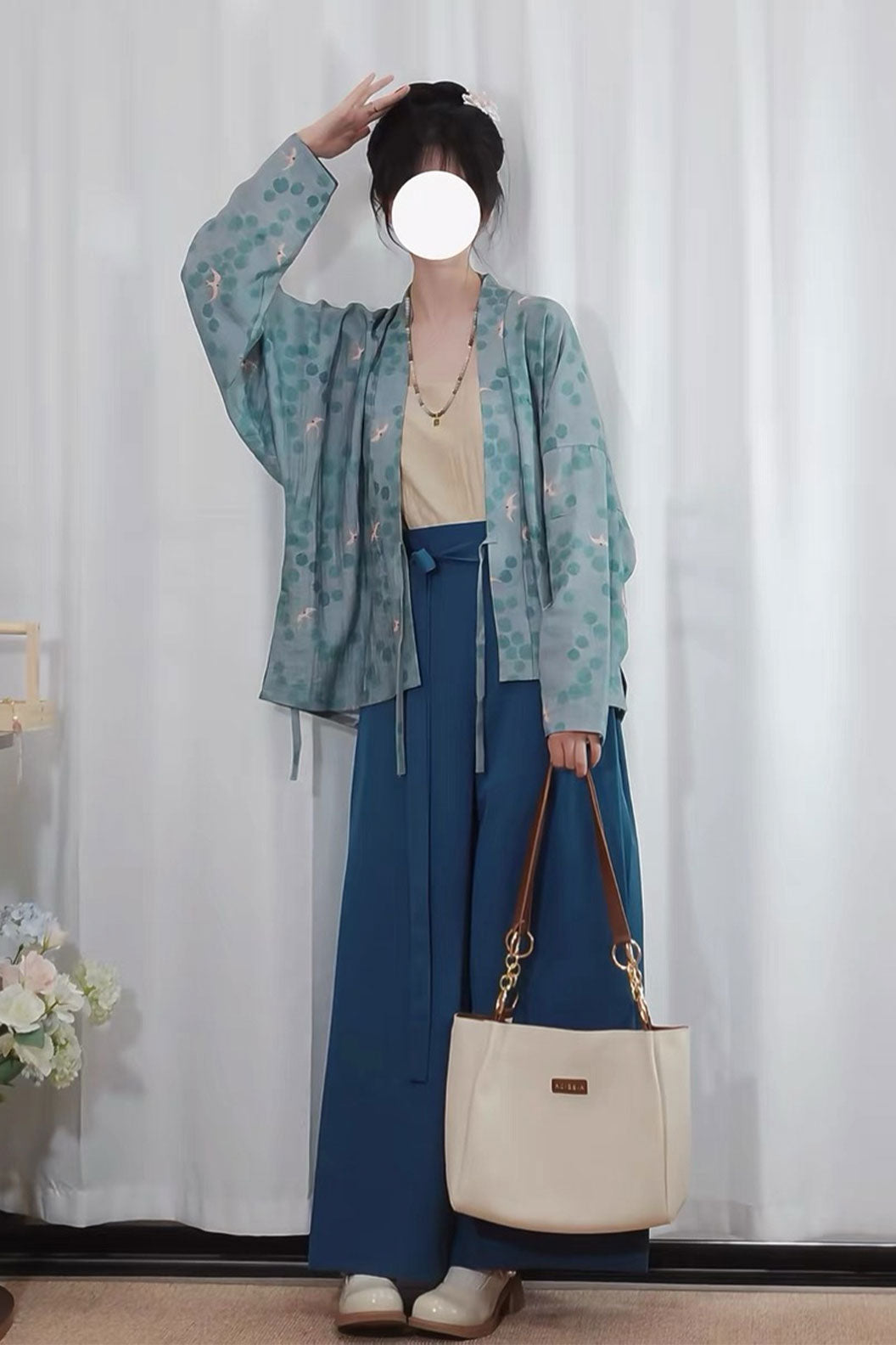 Modern Hanfu Blue with 3-Piece Set and Wide-Legged Pants - fuyuan 浮鸢