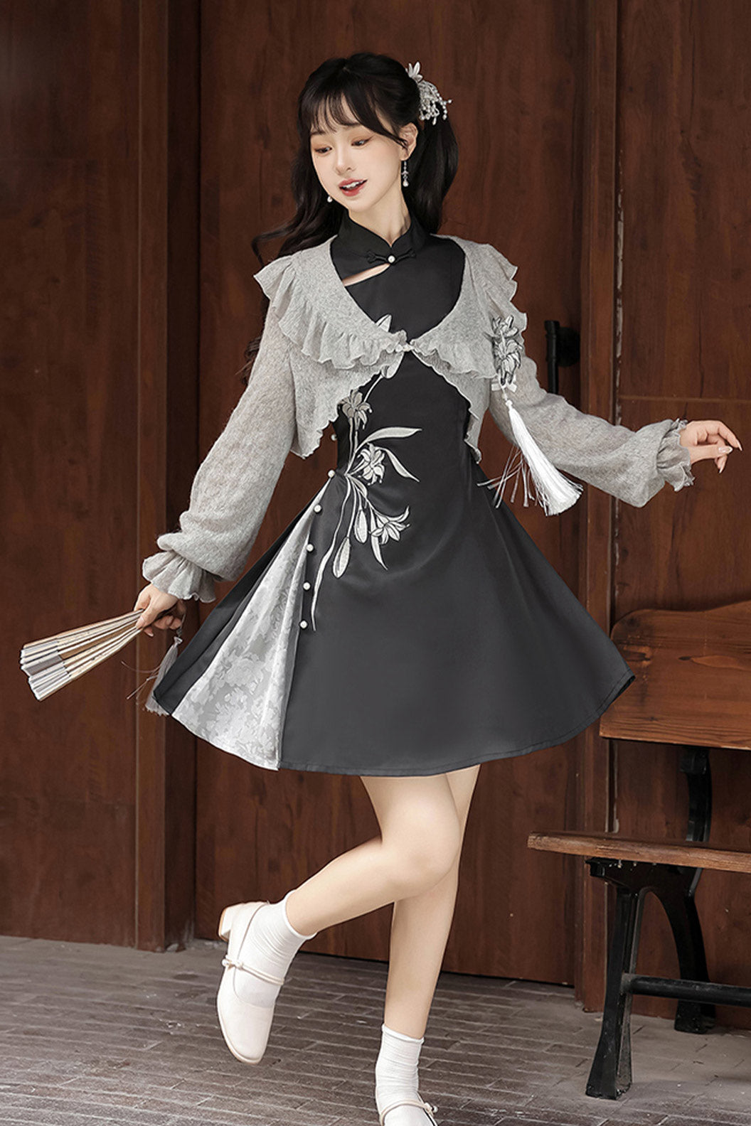 Modern Hanfu clothing Chinese Style Dress Set Black Hanfu dress - huibaihe 灰百合
